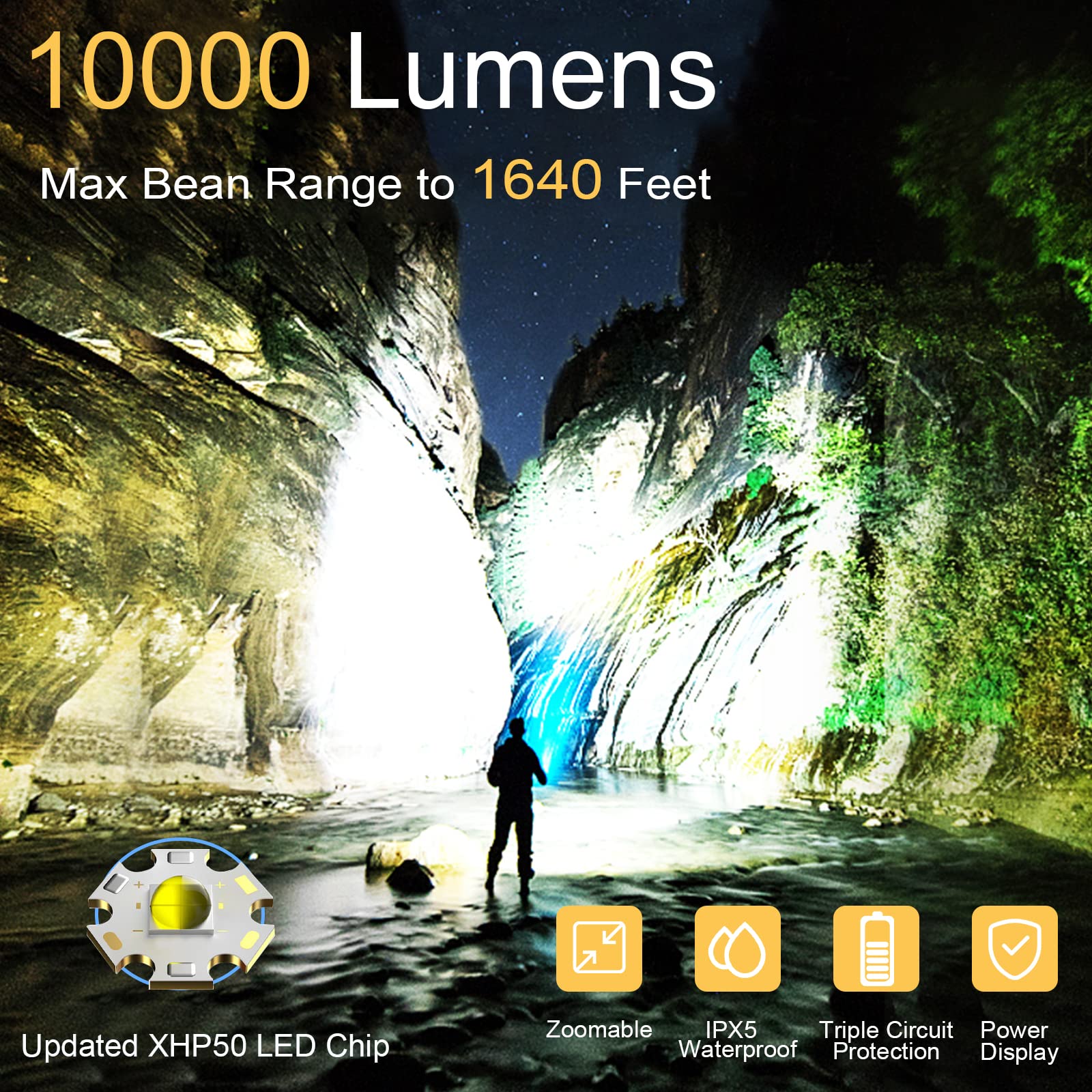 BERCOL P50 Rechargeable LED Flashlight, 100000 Lumens, 5 Modes, Waterproof, Black, Aluminum