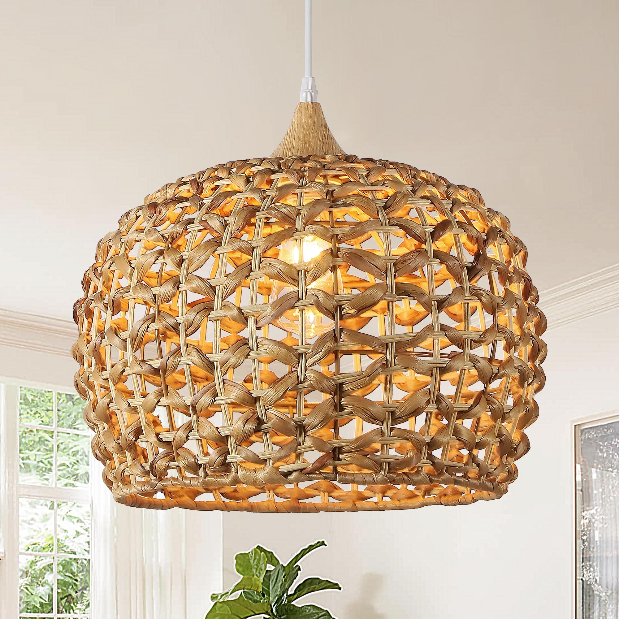 Karjearl Boho Pendant Lights, 15.7'' 1-Light Rattan Chandelier Hand-Woven Wicker Pendant Light with Water Hyacinth Shade, Coasta