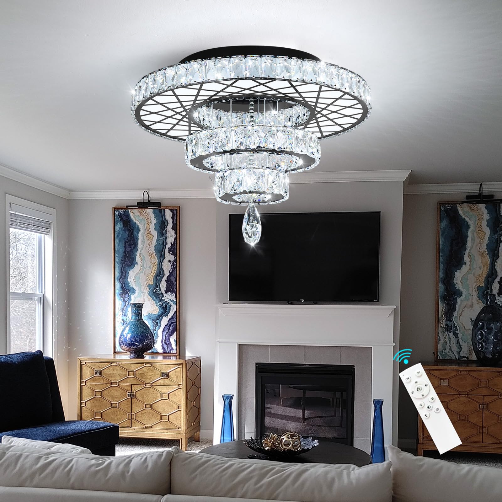 Haixiang 20 Inches Crystal Ceiling Light Modern Glam Chandelier Elegant Remote Dimmable Lighting Fixture Black Lamp