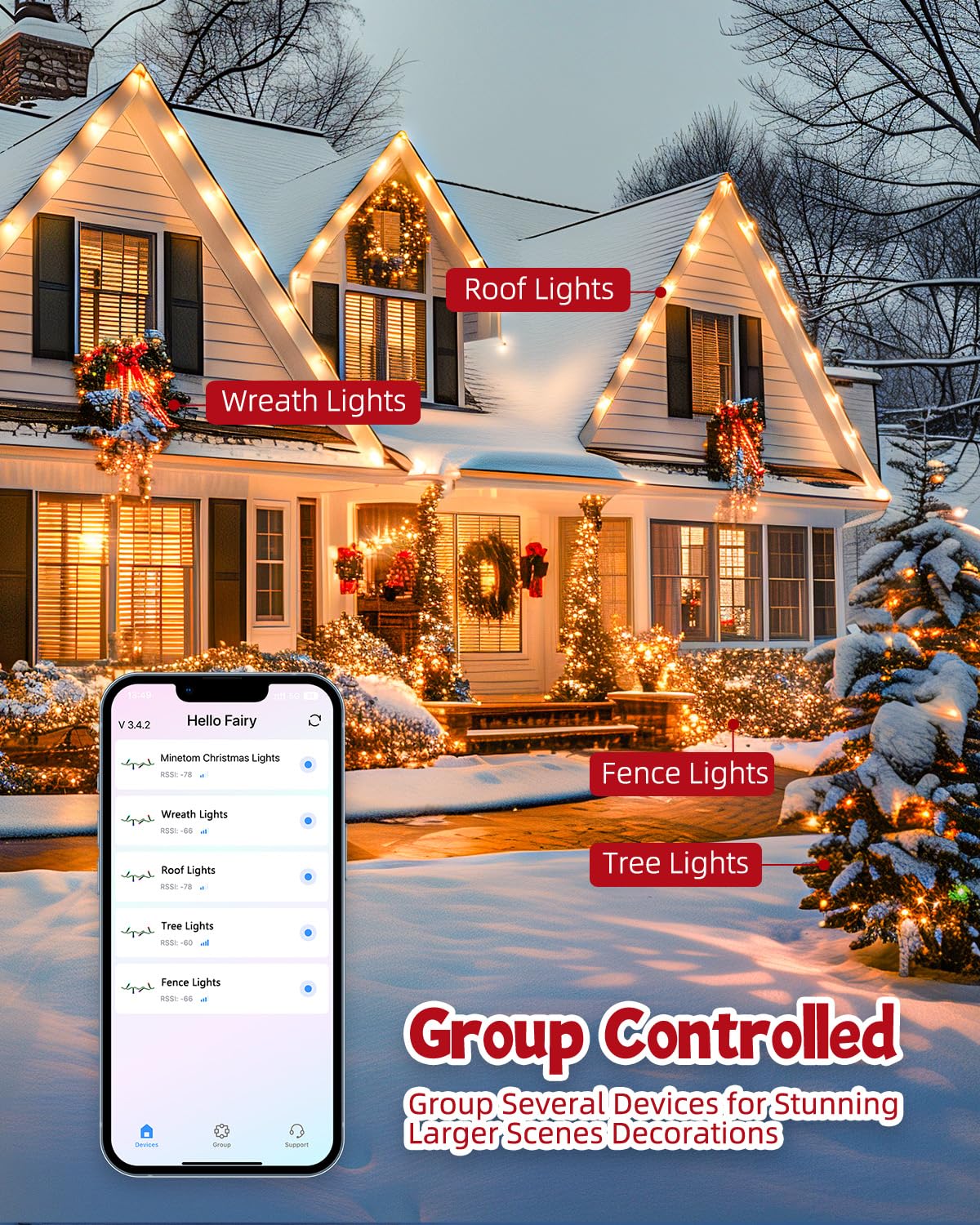Minetom 198FT Color Changing LED String Lights - Smart RGB, App Controlled, Dimmable, Twinkle for Christmas Tree & Party Decor