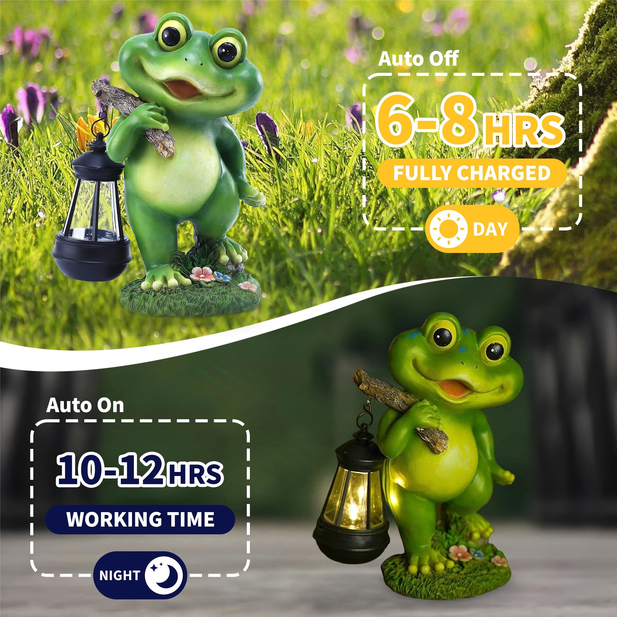 CFFOWNUG Frog Garden Decor Statue with LED Lantern, 11in  Outdoor Yard Decoration, Perfect Gift for Mothers Day, Green Frog Color