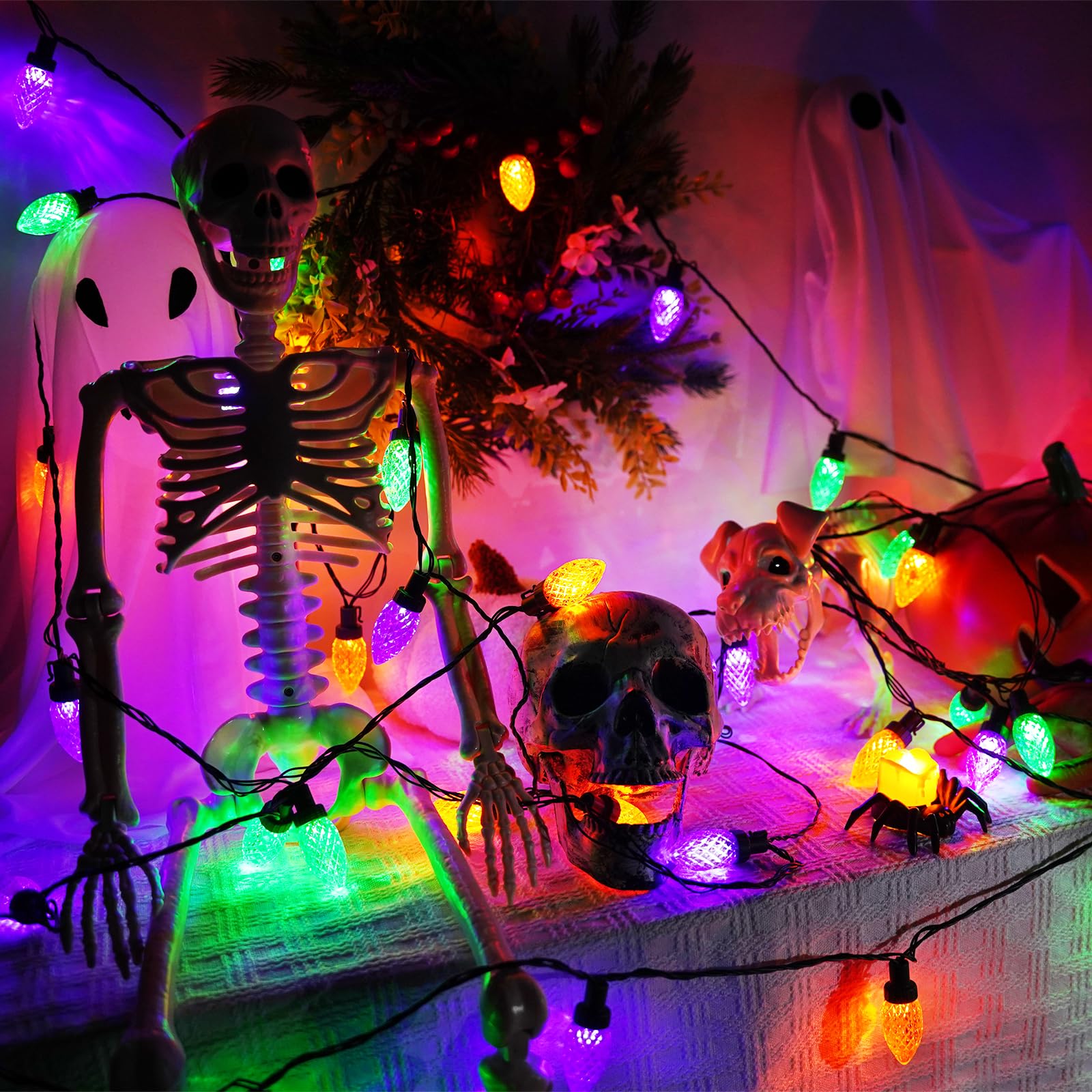 KAQ 100LED C9 Halloween Lights - Waterproof 98FT String Lights, Orange Purple & Green, 13 Modes, Indoor Outdoor Decor