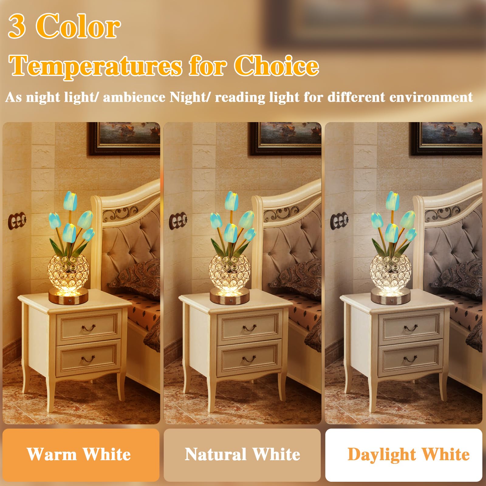 Zqpbled Birthday Gifts For Women/Mom Table Lamp, 3 Color Crystal Flower Bedside Lamps Infinitely Dimming With Usb Charge Small N