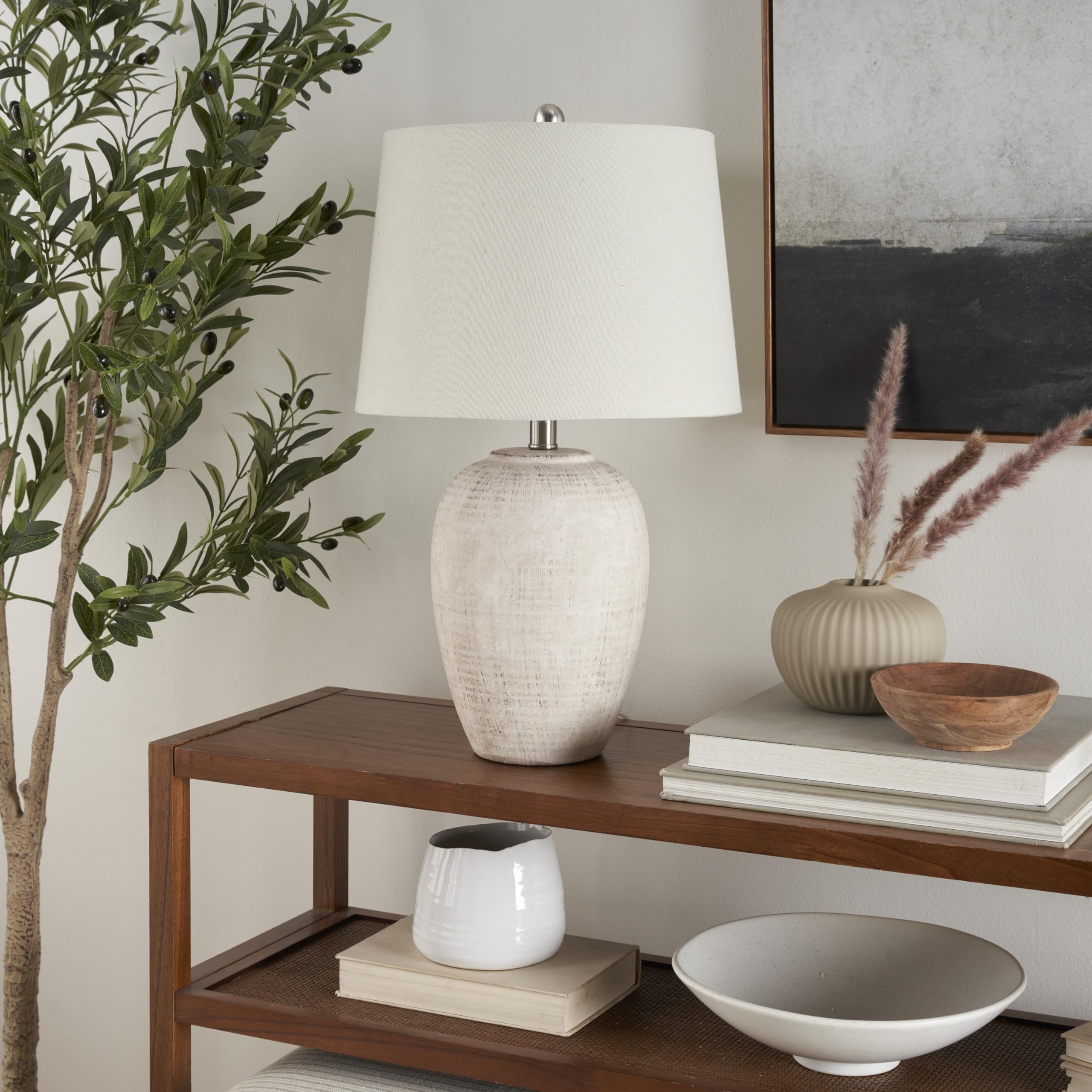 Nourison Ceramic Table Lamp, 23in Distressed Rustic Design, Vintage Beige, Model BIT05, Ivory Shade, for Bedroom & Living Room