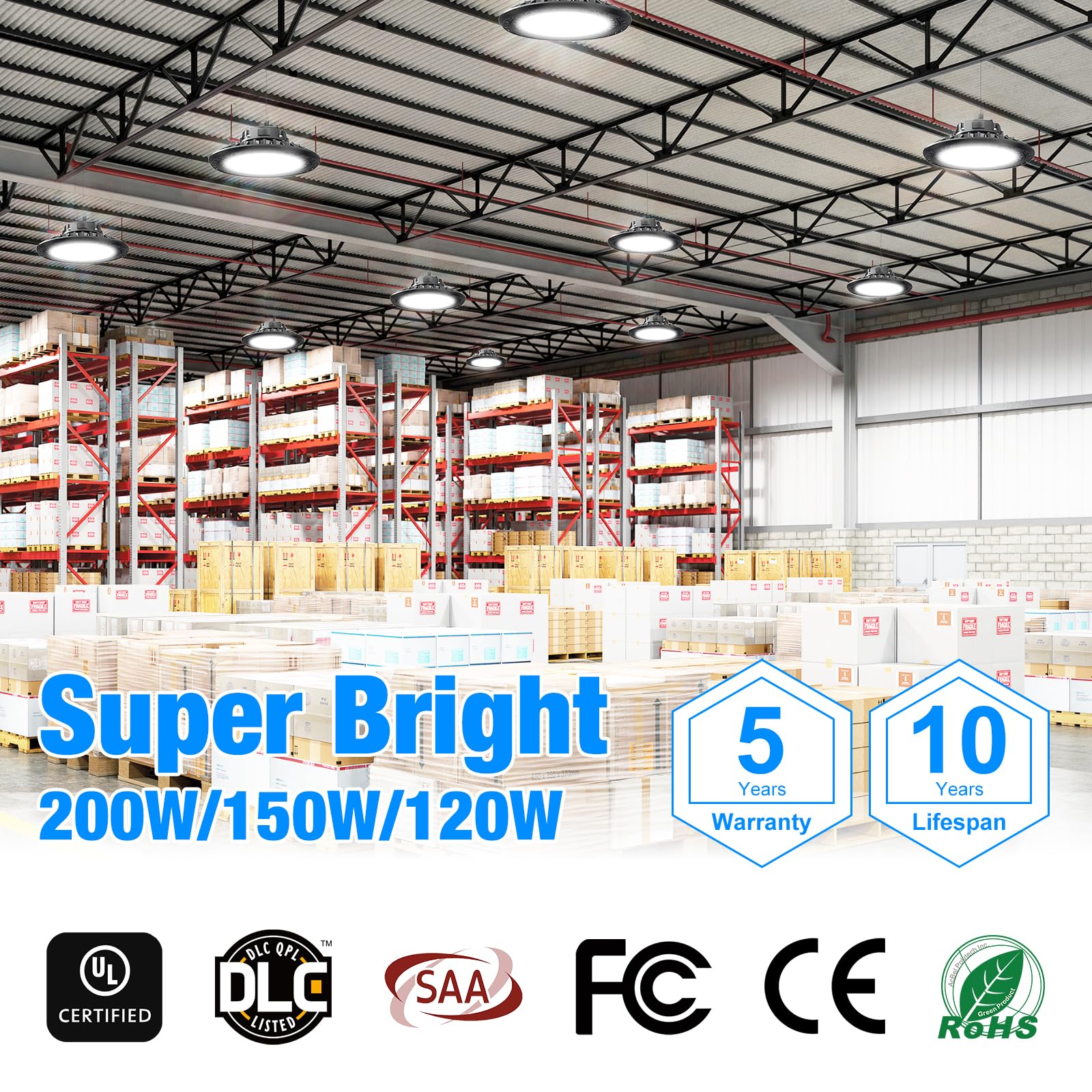 G Gjia High Bay Led Lights, High Bay Led Shop Lights For Warehouse Barn Factory, 5000K Daylight, 200W, 100-277V, Dimmable 0-10V,
