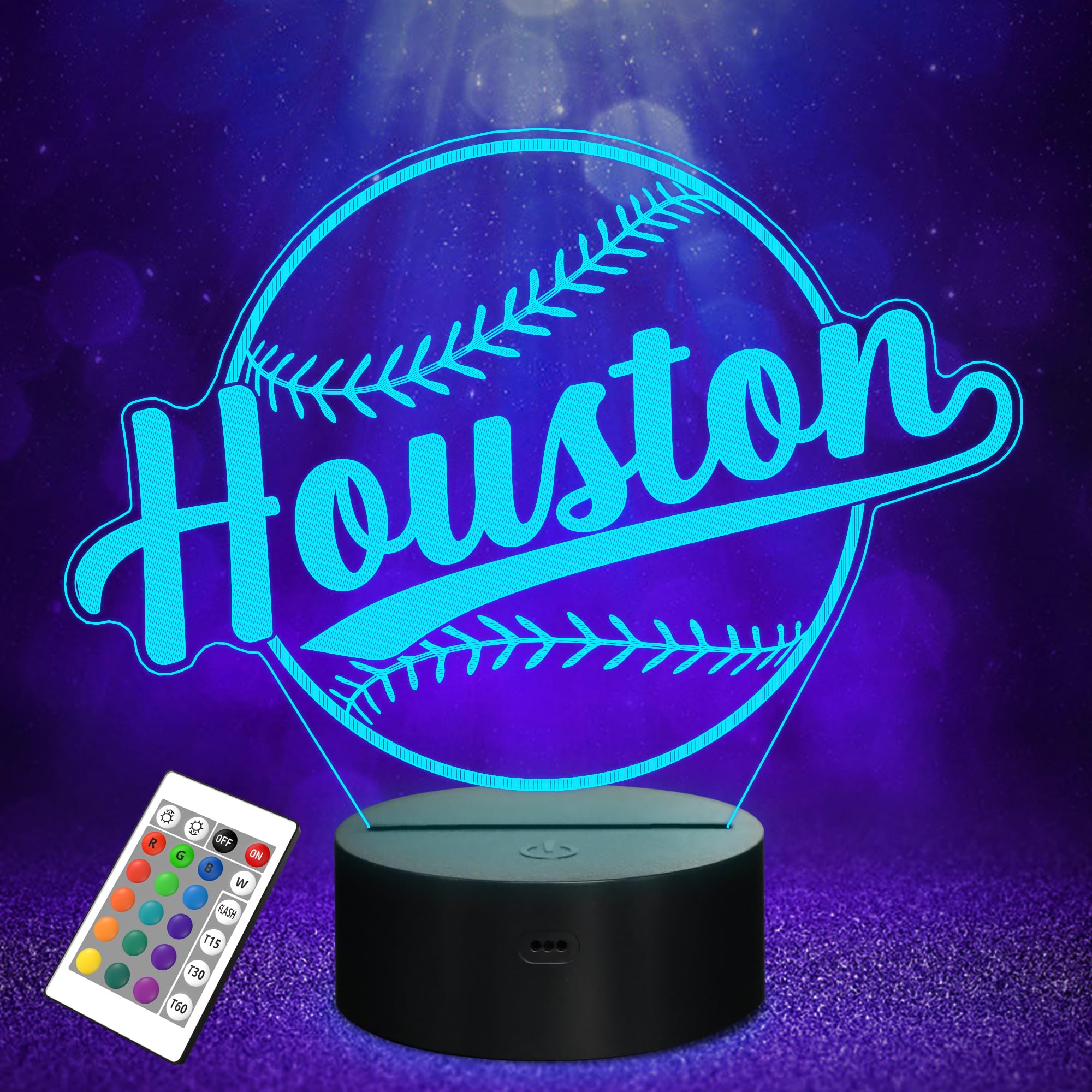 Lightzz 3D Illusion Lamp for Boys, Baseball Night Light, Remote Control, Acrylic, Houston Color, Model FS-xxxyyy