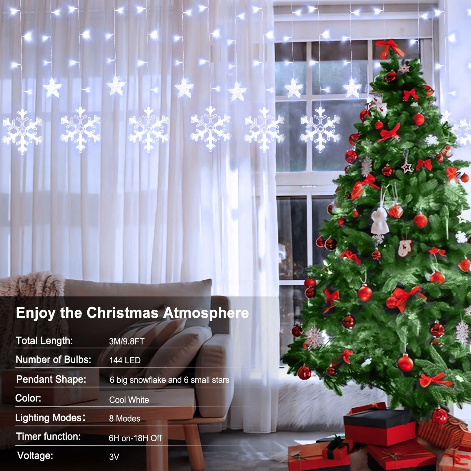 Echosari Christmas Snowflake Lights Battery Powered, 9.8Ft 144Led Hanging Snowflake Icicle Lights With Remote Timer, Waterproof