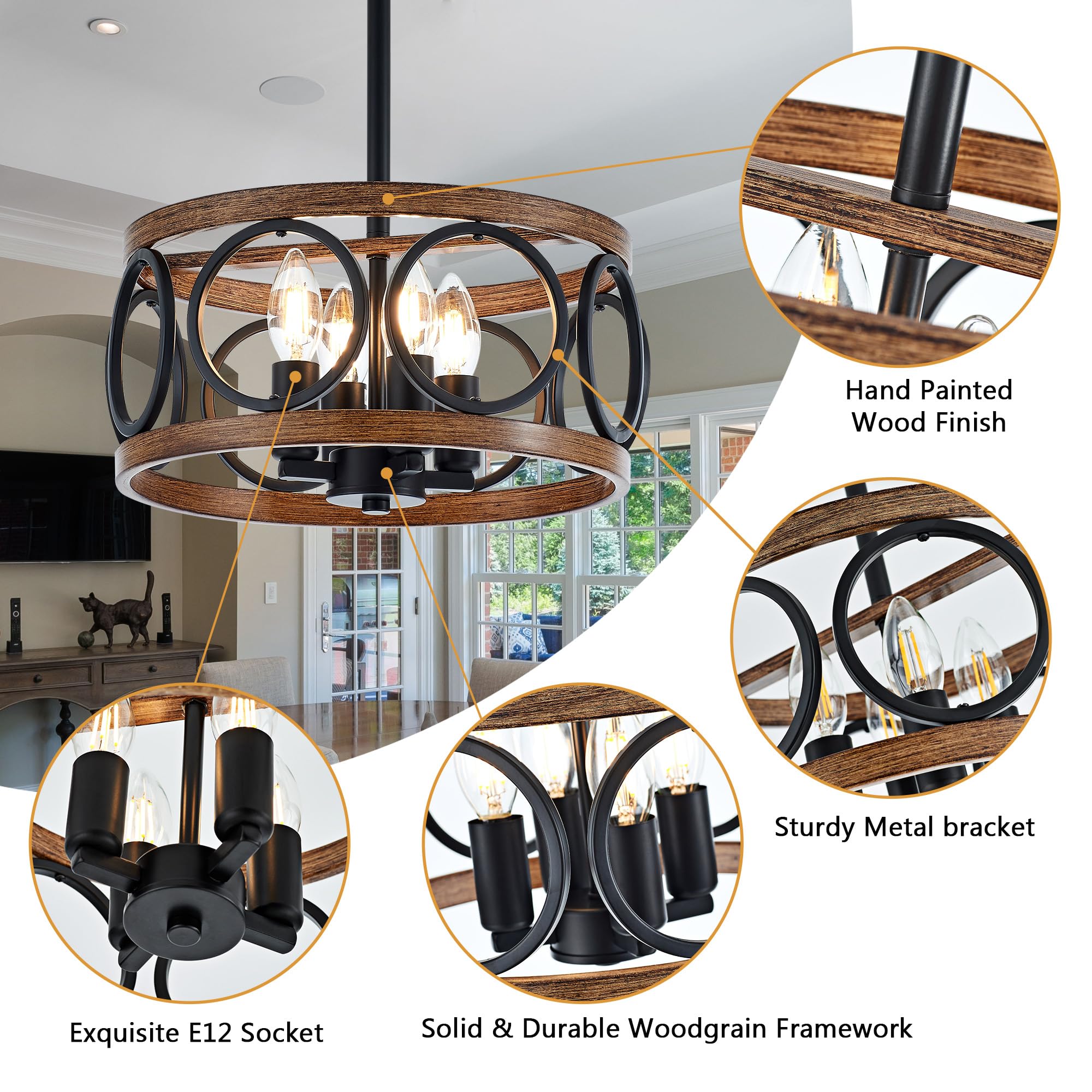 Faibra 4-Light Farmhouse Drum Pendant Light,12.6'' Nature Wood Texture Vintage Rustic Chandeliers Black Metal Industrial Hanging