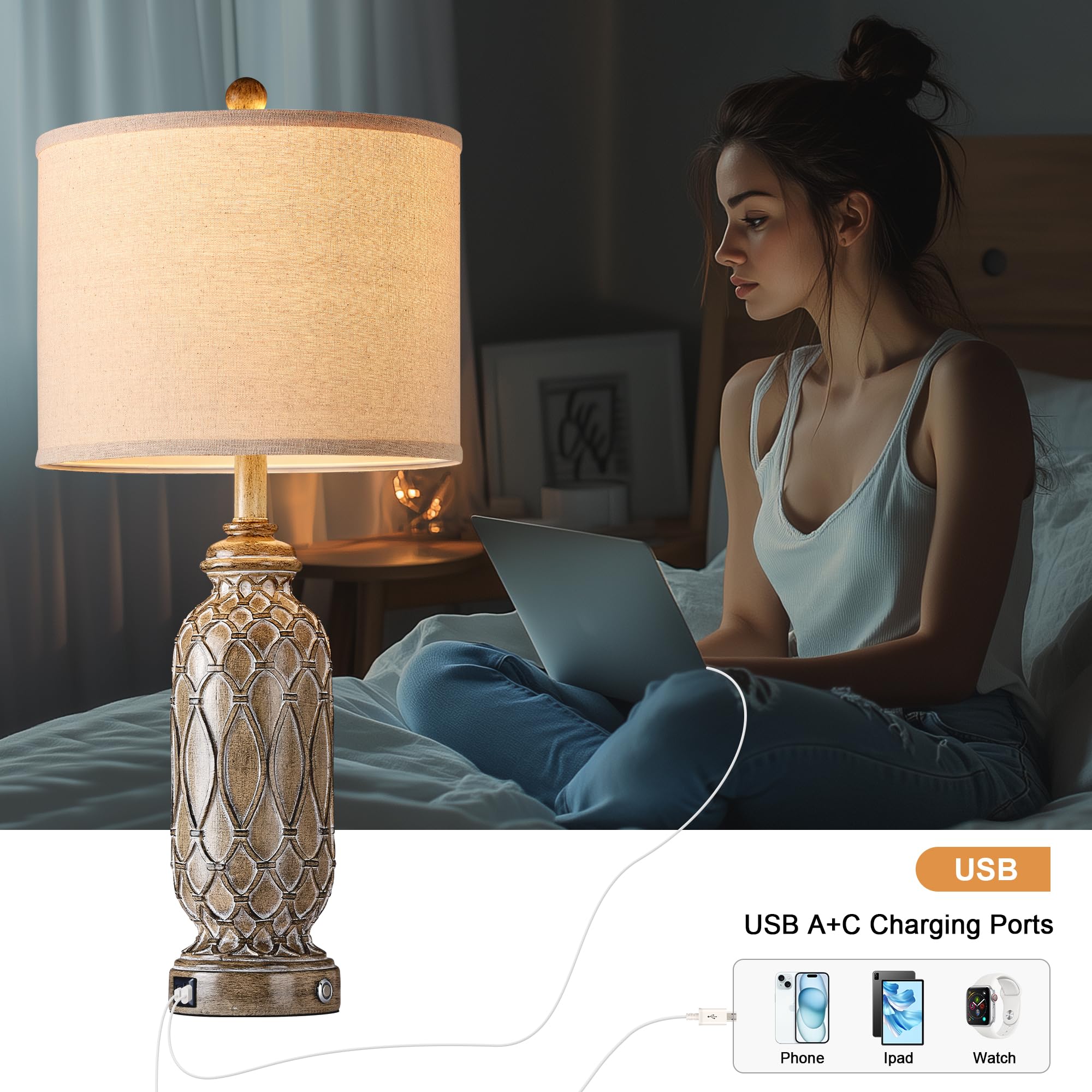 Ireliare Farmhouse Lamps For Bedroom Set Of 2, 28'' Vintagetable Lamps For Living Room With Usb A+C Charging Ports, Touch Lamps