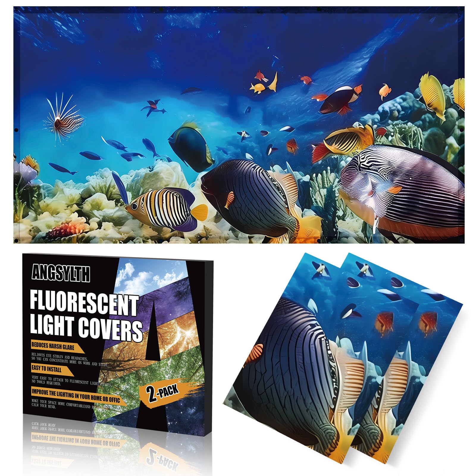 ANGSYLTH Fluorescent Light Covers - 4x2 Feet, Magnetic Filters, 2 Pack, Underwater World