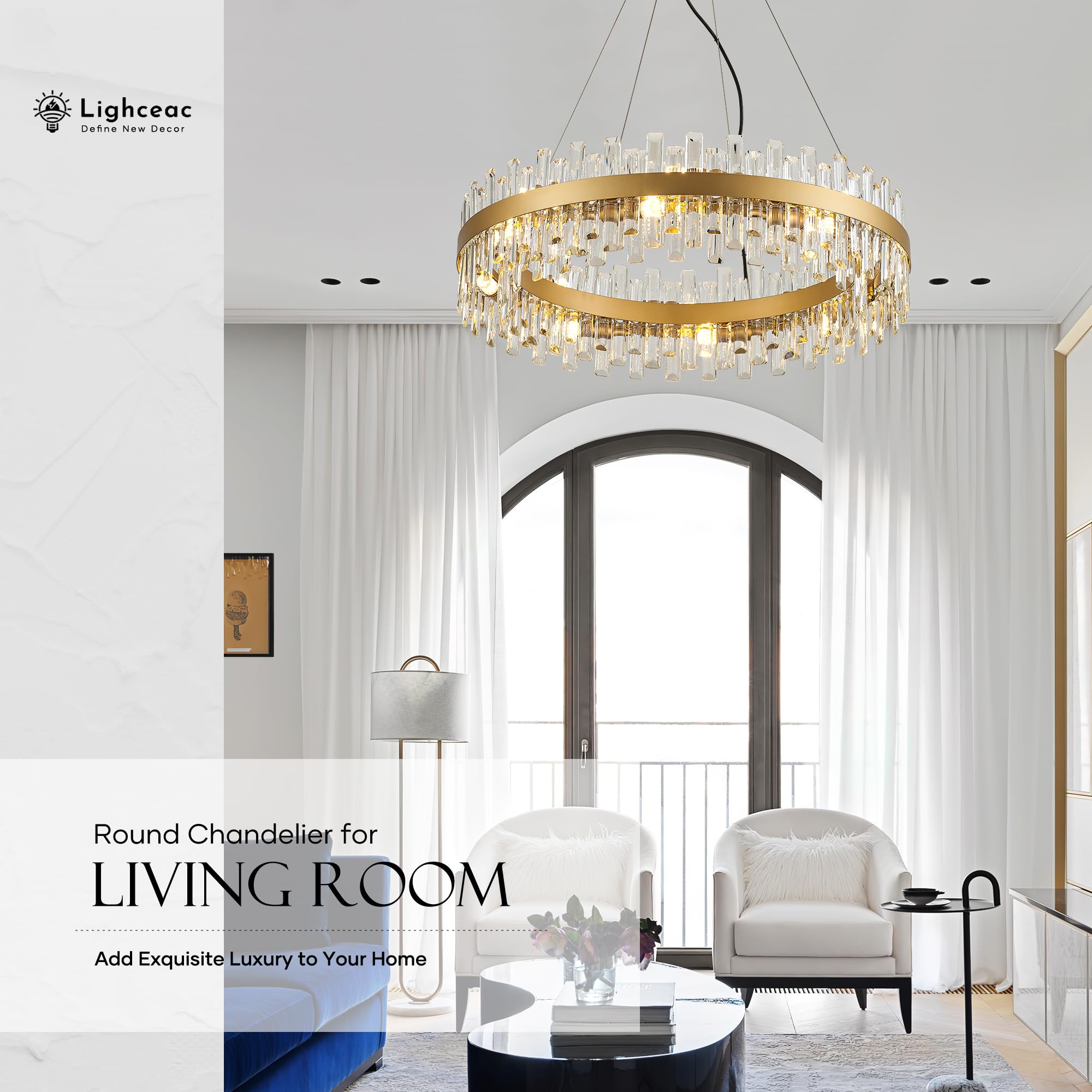 lighceac 31.9" Gold Modern Crystal Chandelier - 16-Light Luxury Pendant for Dining Room, Kitchen, Living Room, Model LX-2409-16A