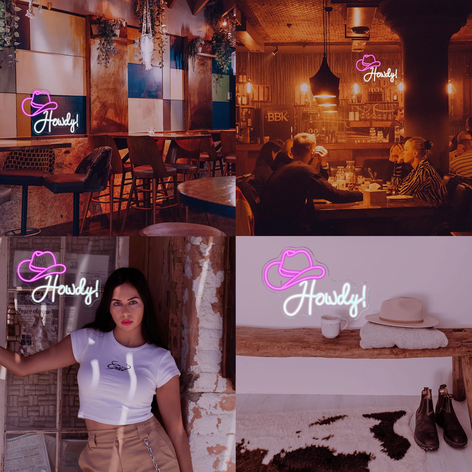 Ineonlife Cowboy Hat Neon Sign Howdy Neon Lights Pink Led Neon Signs Preppy Girls For Wall Decor Light Up Sign For Bar malt-inspired Bedroom Living Room Beauty Girls Club Decoration Gifts