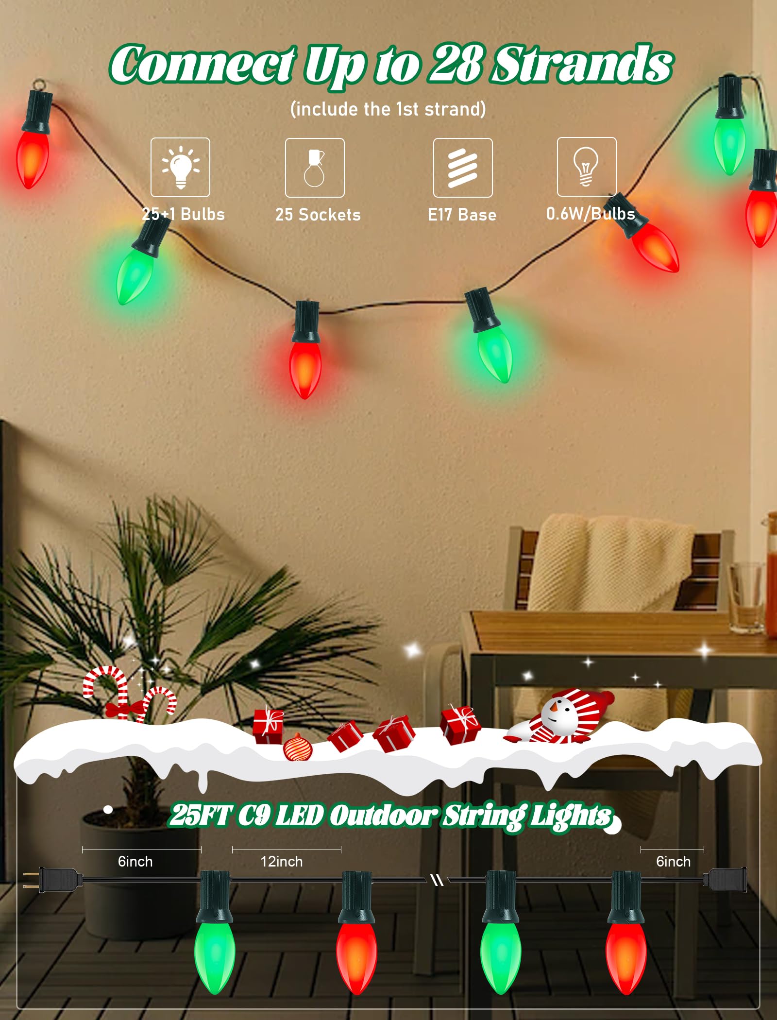 25Ft C9 Led Christmas Lights Outdoor, C9 Red And Green Christmas String Lights With 26 Led Shatterproof Bulb, Hanging Vintage Ch