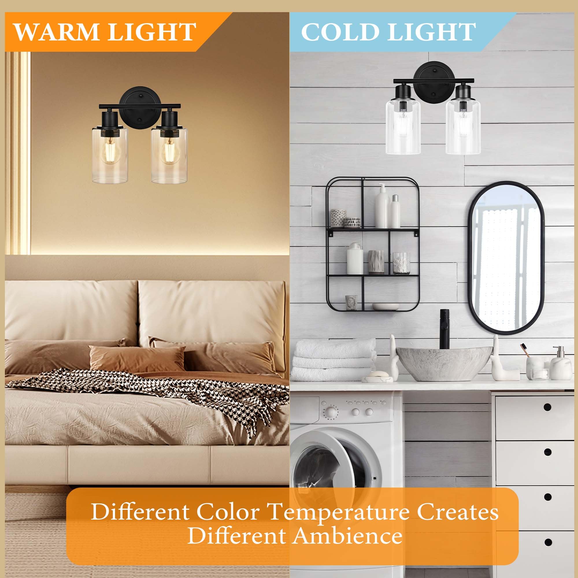 Faymart 2-Light Bathroom Vanity Light Fixture, Black Glass & Metal, Model 748327905263