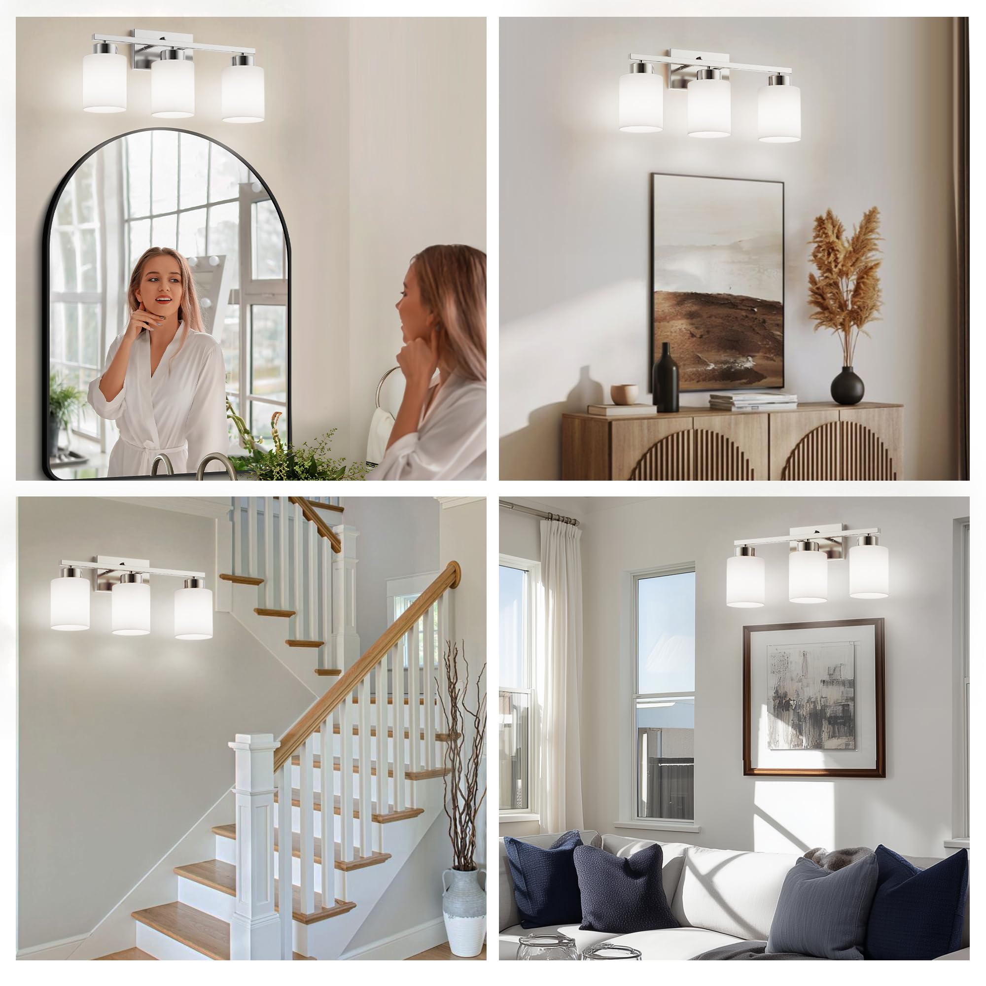 Partphoner 3-Light Brushed Nickel Bathroom Light Fixtures  Modern Vanity Light Over Mirror Lighting  Wall Sconce With Frosted Milky White Glass Shades For Bedroom Living Room Kitchen Hallway