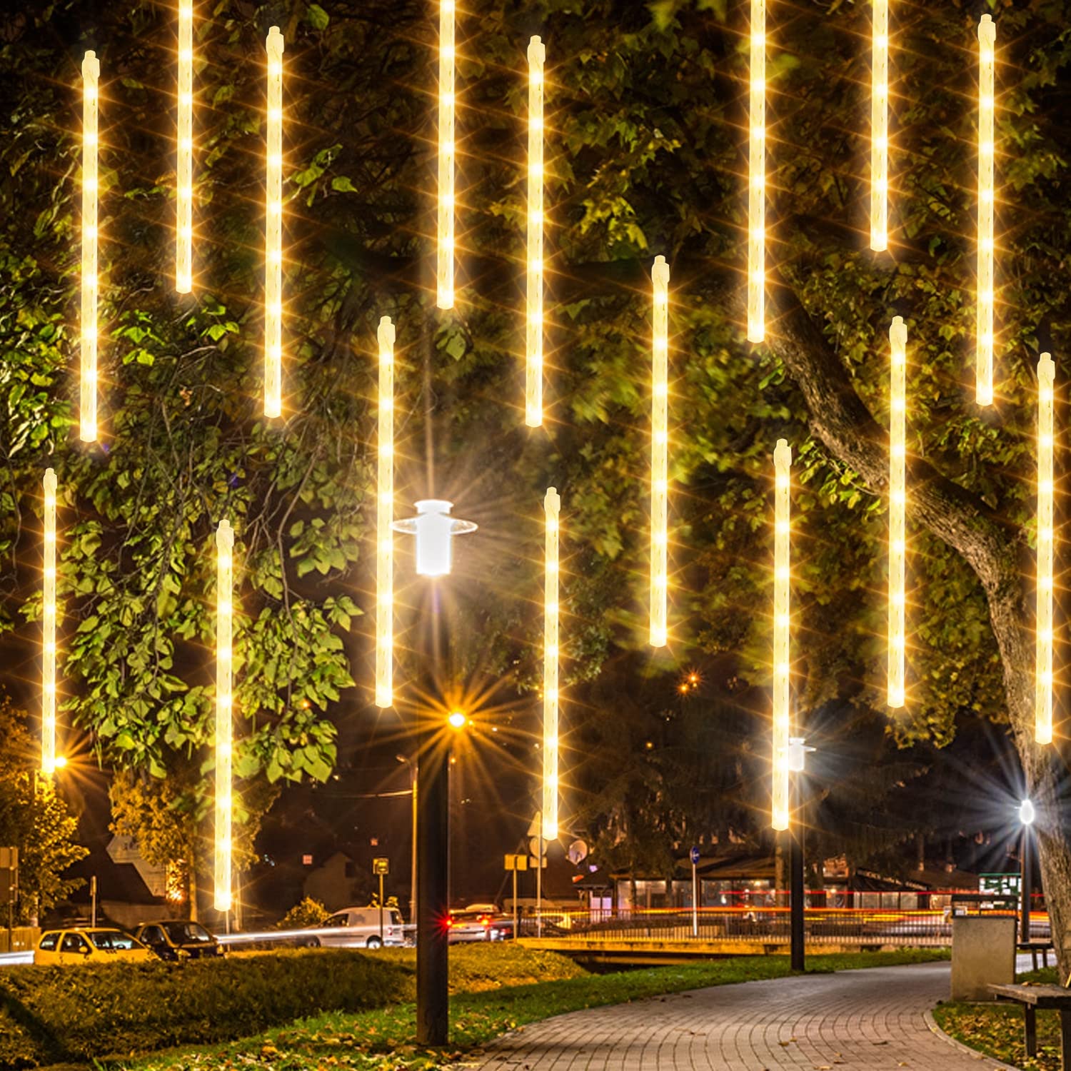 Dazzle Bright Outdoor Christmas Lights, 288 LED Meteor Shower, Waterproof Falling Icicle Lights, 12 Inch, Warm White, Model HB-300COI