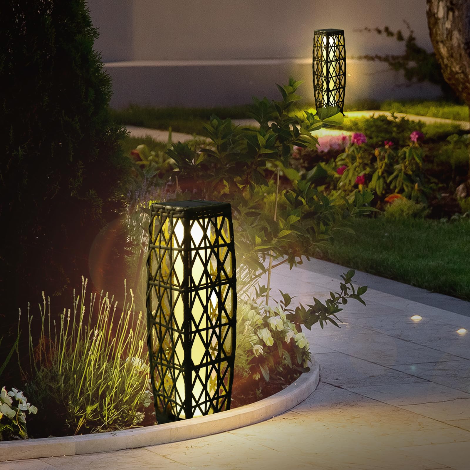 Solar Powered Outdoor Floor, 2 Piece Outdoor Floor Lamps, Solar Lanterns Waterproof, Resin Wicker Weather-Resistant Rattan Deck 