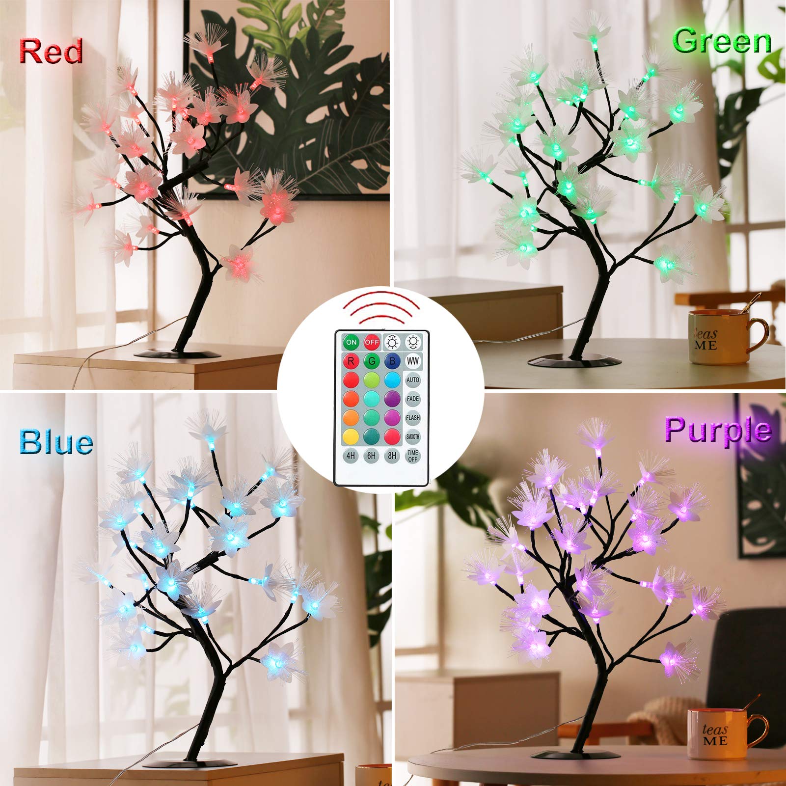 Ypdtacosu Colorful Table Top Tree For Home Decorations, 16 Colors Fiber Twinkling Blossom Flower Lamp Remote Timer Tabletop Chri