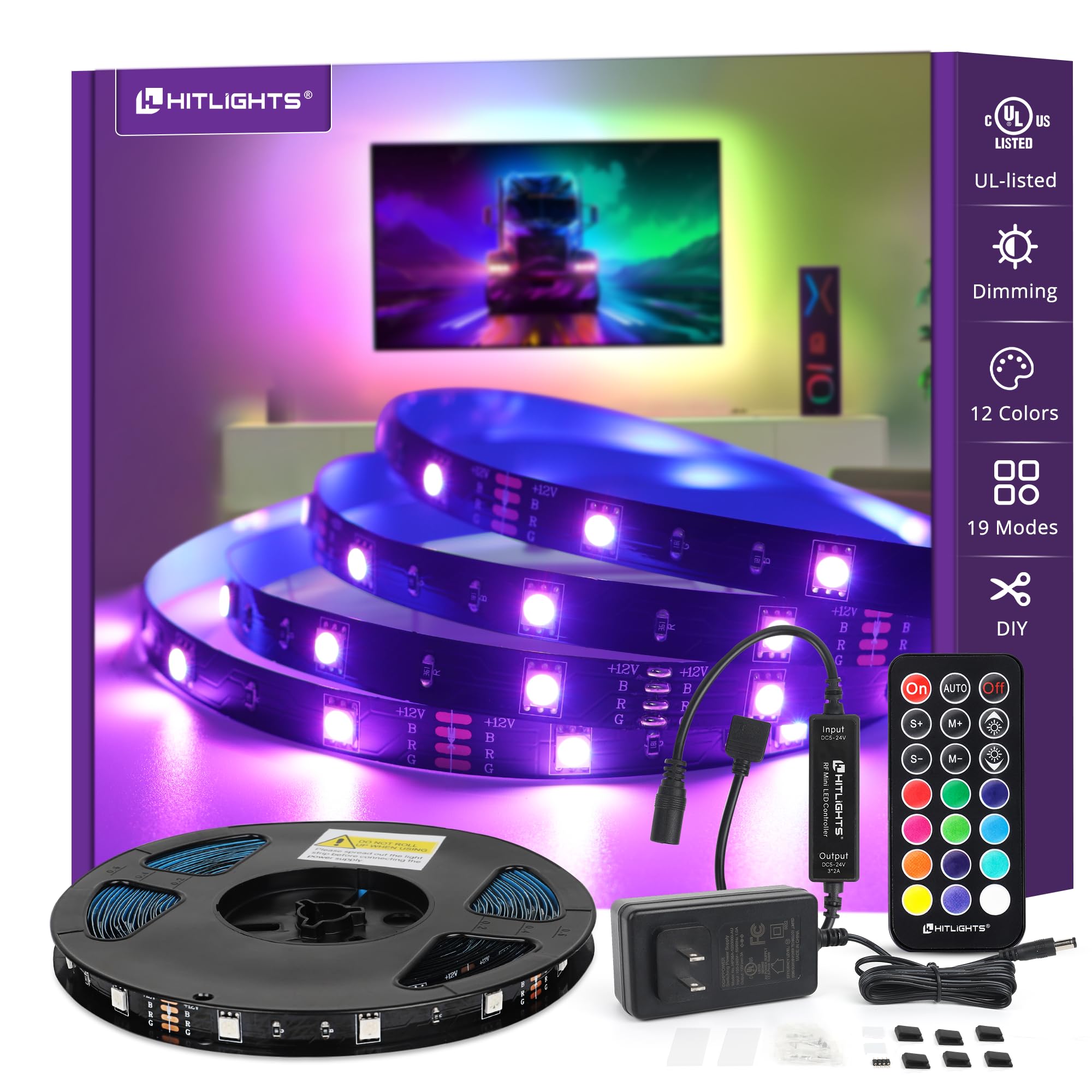 Hitlights Led Strip Lights, 32.8Ft Rgb 5050 Color Changing Kit, Rf Remote, Black, Model L1012V-Mc1-3230-K, Flexible 300Led