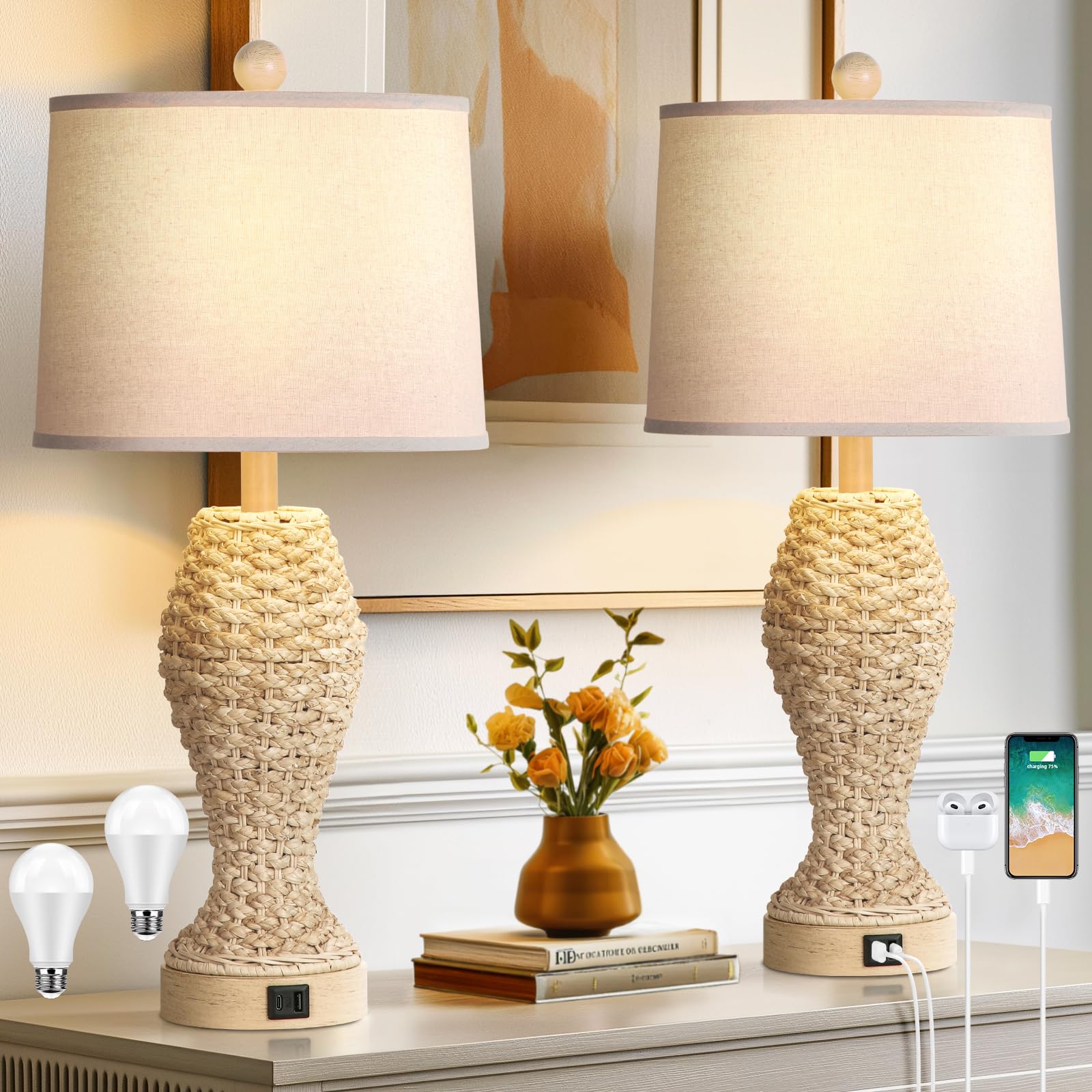 Tobusa Set Of 2 Rattan Table Lamps, 26.5&quot; Cream Bedside Lamps With Usb, Farmhouse & Coastal