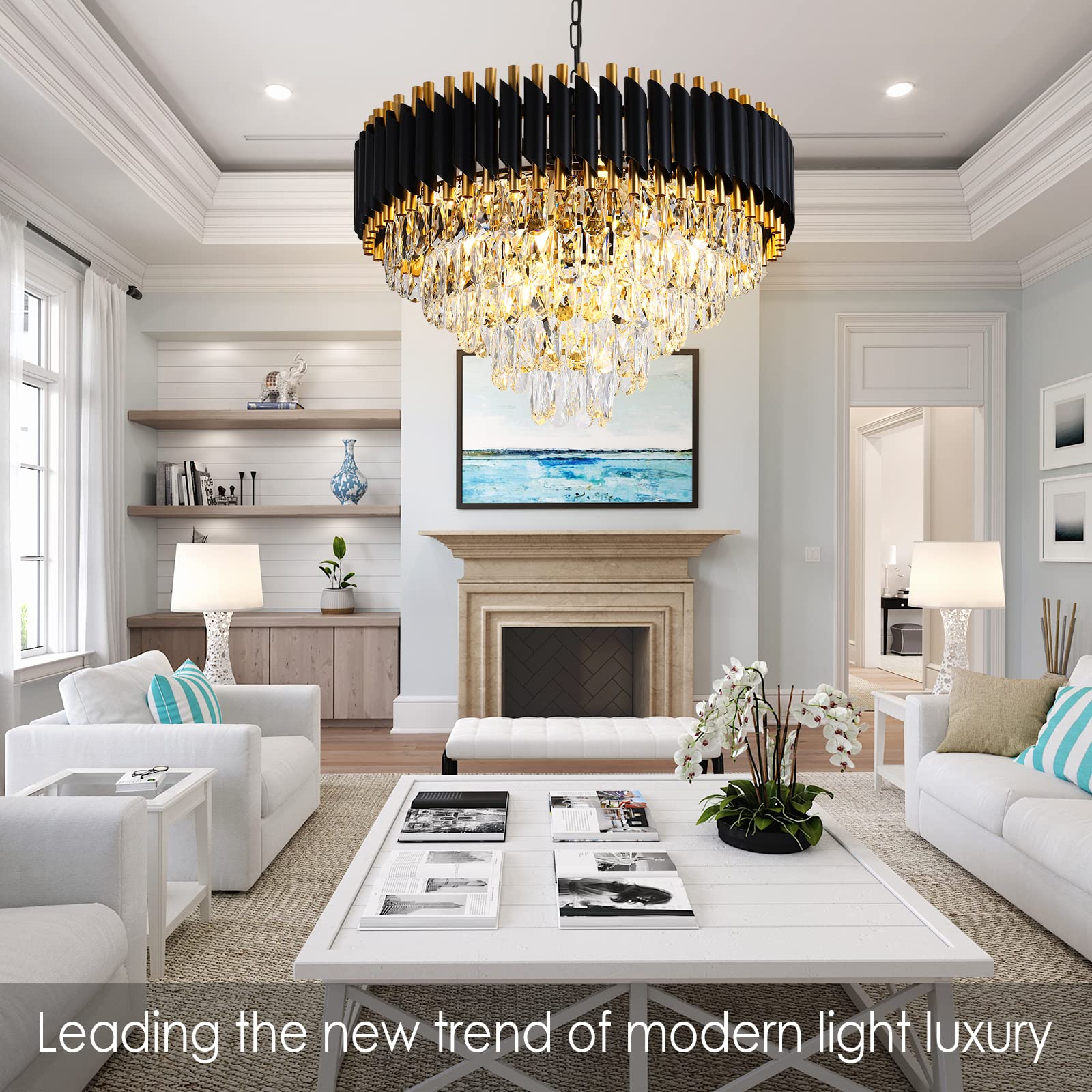 AKDXIRUN Gold Modern 5-Tier K9 Crystal Chandelier - 12 Lights, W24in, Black and Gold, Model XR00161, Ceiling Light for Dining Room, Living Room