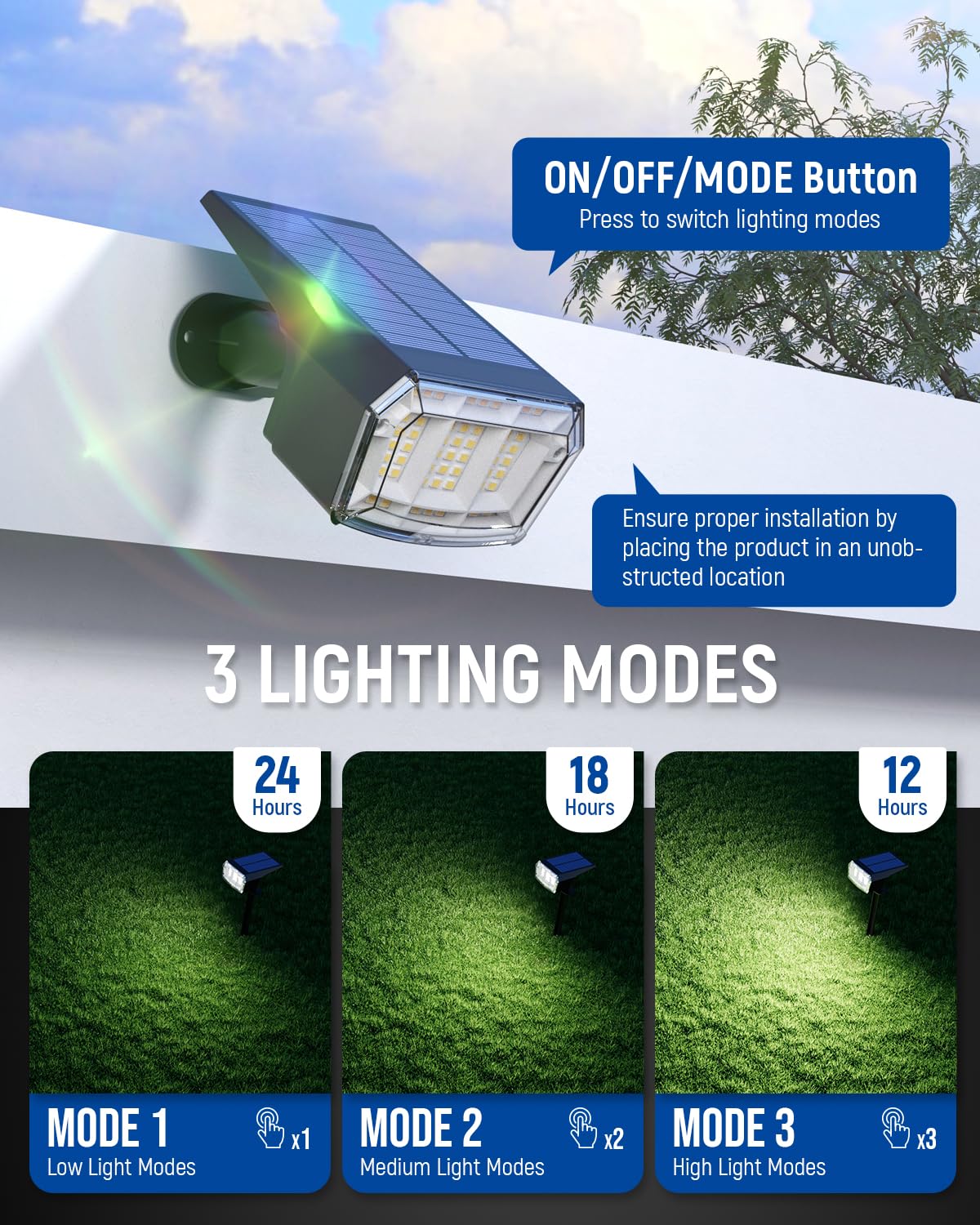 AUDERWIN Solar Spot Lights Outdoor 63 LED 3 Lighting,Waterproof IP65 Modes Spotlights for Outside House Yard Garden Landscape Li