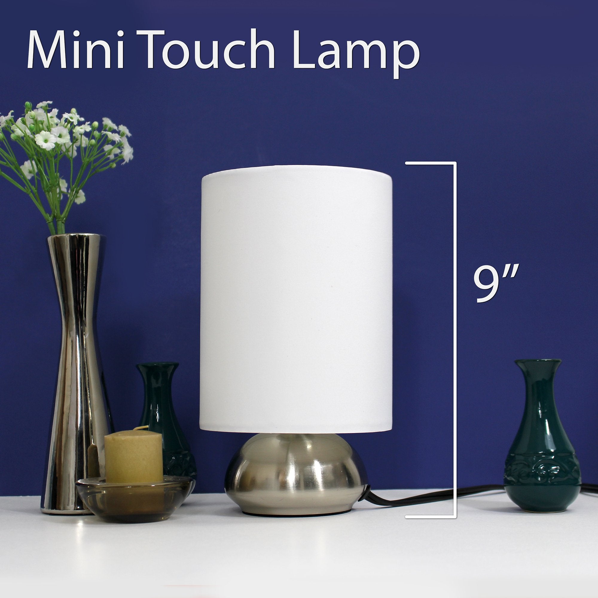 Simple Designs Lt2016-Ivy-2Pk Gemini Brushed Nickel 2 Pack Mini Touch Lamp Set With Fabric Shades, Ivory