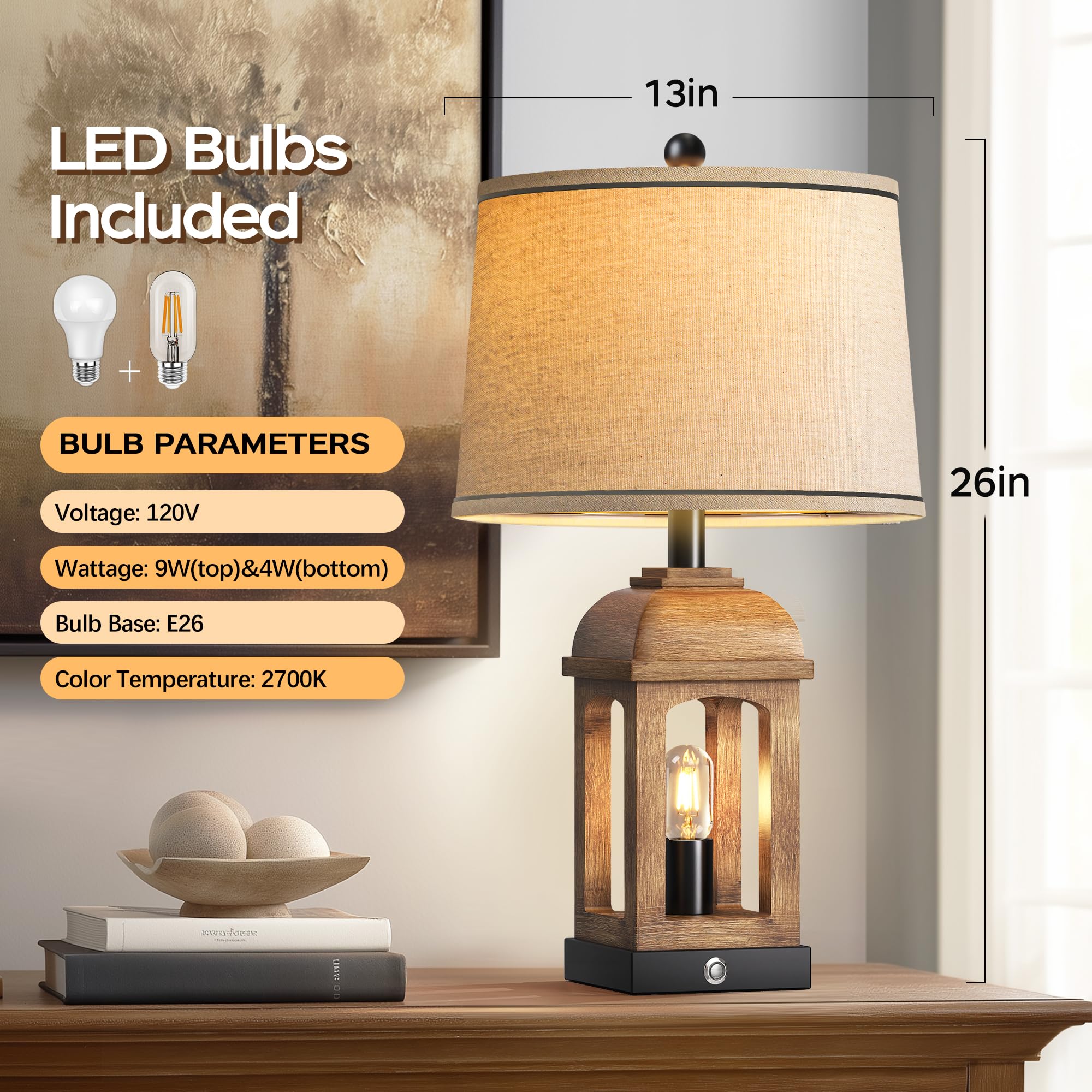 QiMH Rustic Table Lamp - 26" 3-Way Dimmable Touch Control Nightstand Lamp with USB A+C, Wood Grain, 1 Pack