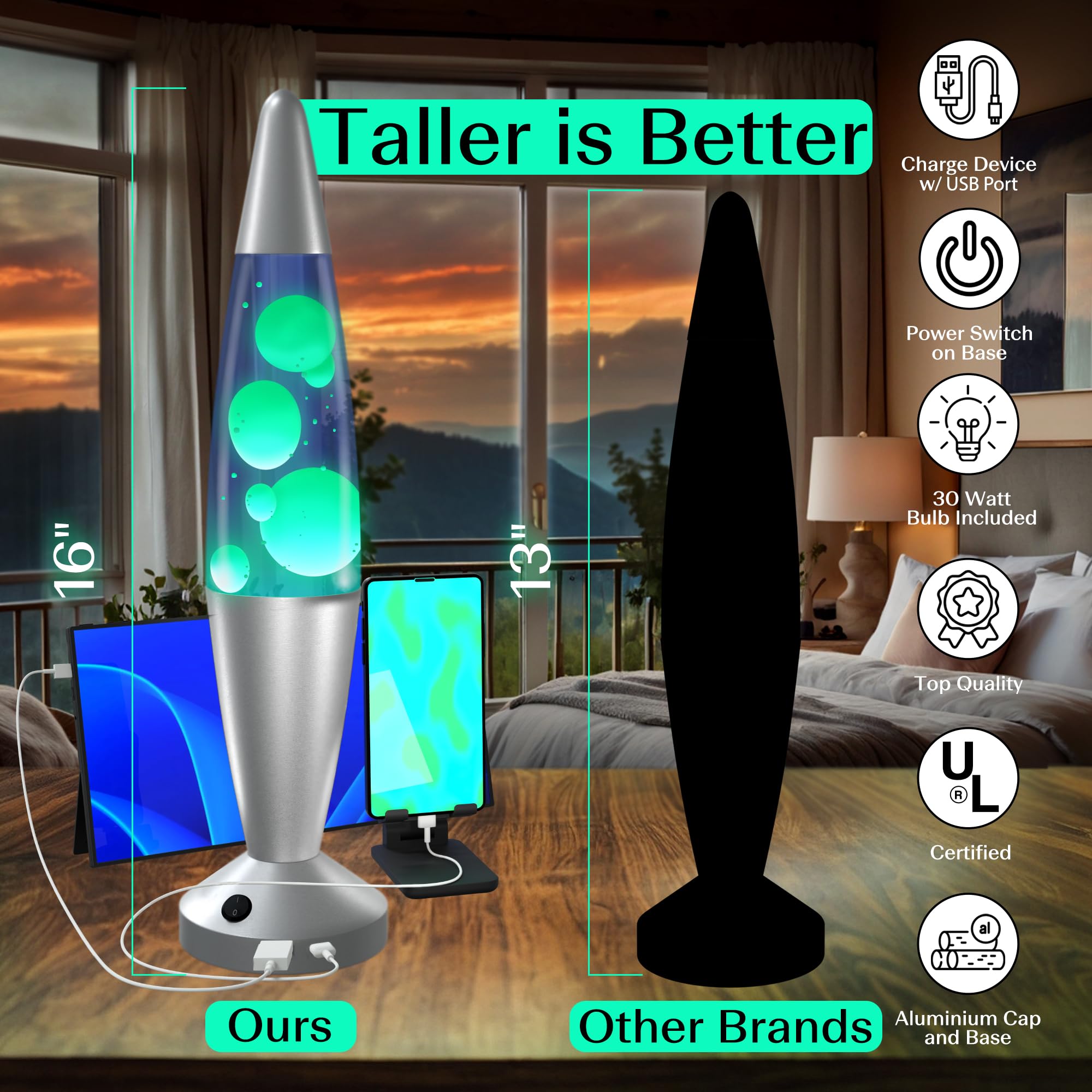 JAMBO 16in Liquid Motion Lamp - Blue with Yellow Wax, USB Night Light, Aluminum Base, Model 55000, Home Decor for Kids and mature-themeds