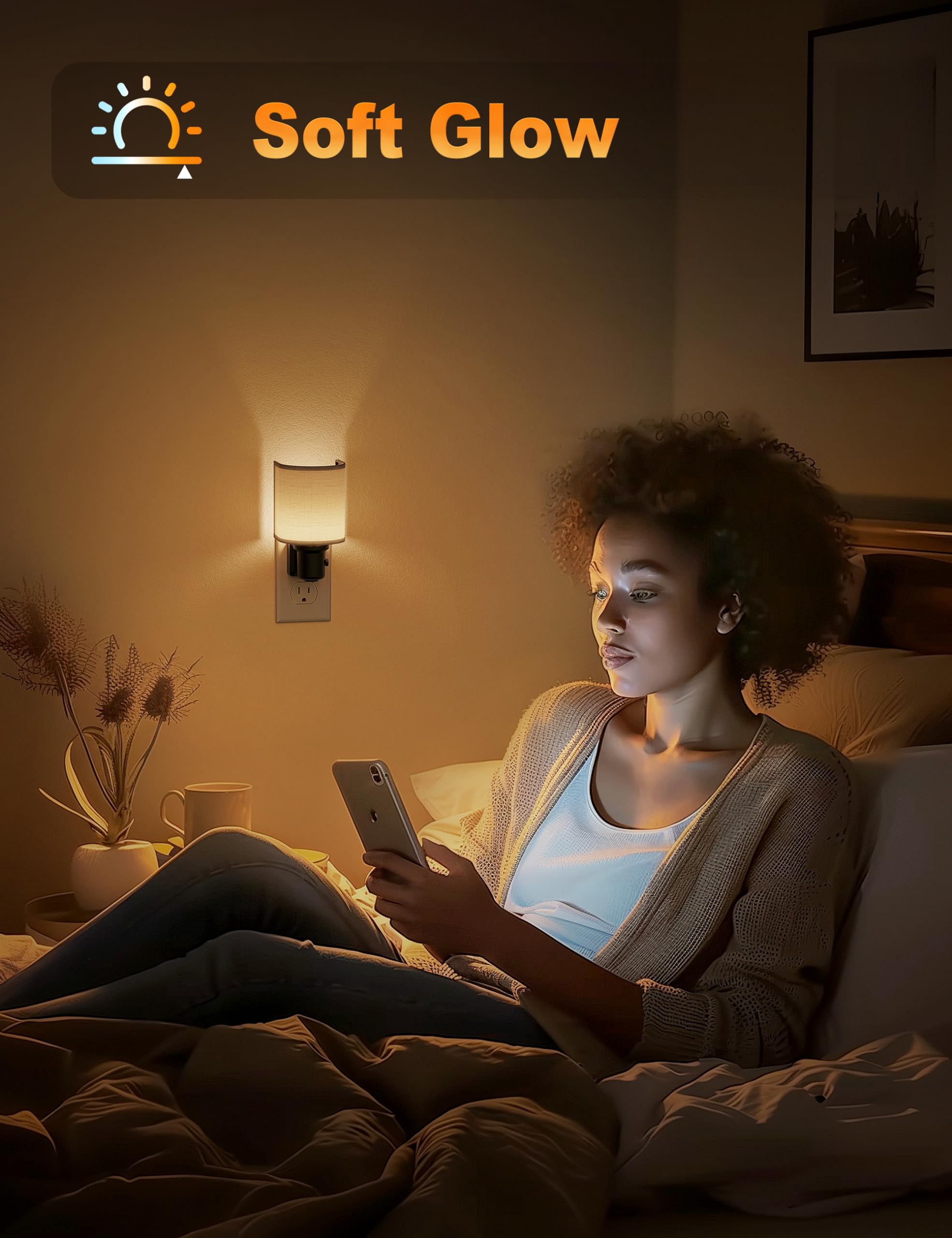 JandCase LED Night Light with Auto On/Off Sensor, Dimmable 0-100LM, Warm White 3000K, Plug-in Wall Light for Bedroom, Hallway, Bathroom