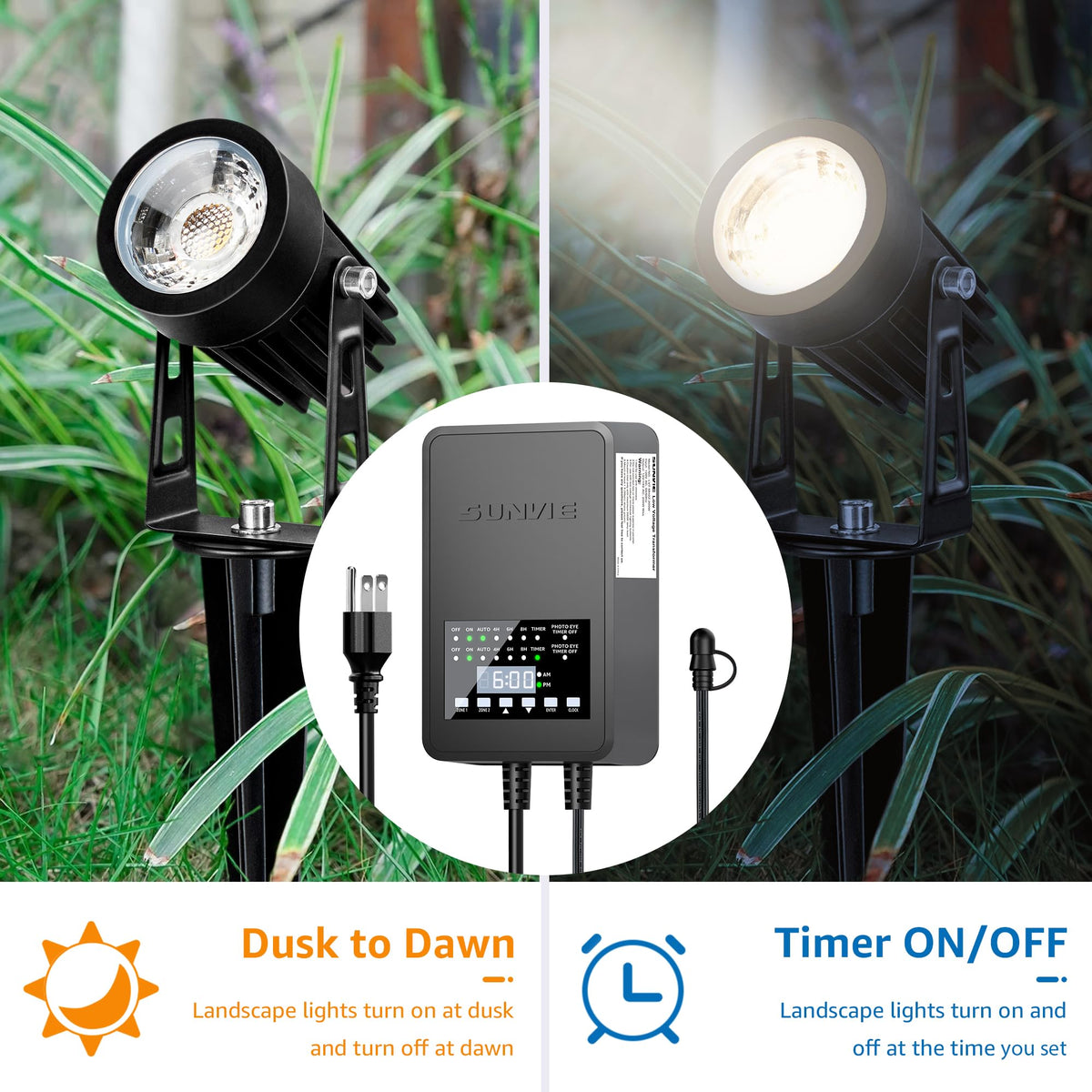 SUNVIE 60W Low Voltage Landscape Transformer – 12V DC Outdoor Lighting Power Supply With Dusk-to-Dawn SUNVIE 60W Low Voltage Landscape Transformer – 12V DC Outdoor Lighting Power Supply With Dusk-to-Dawn