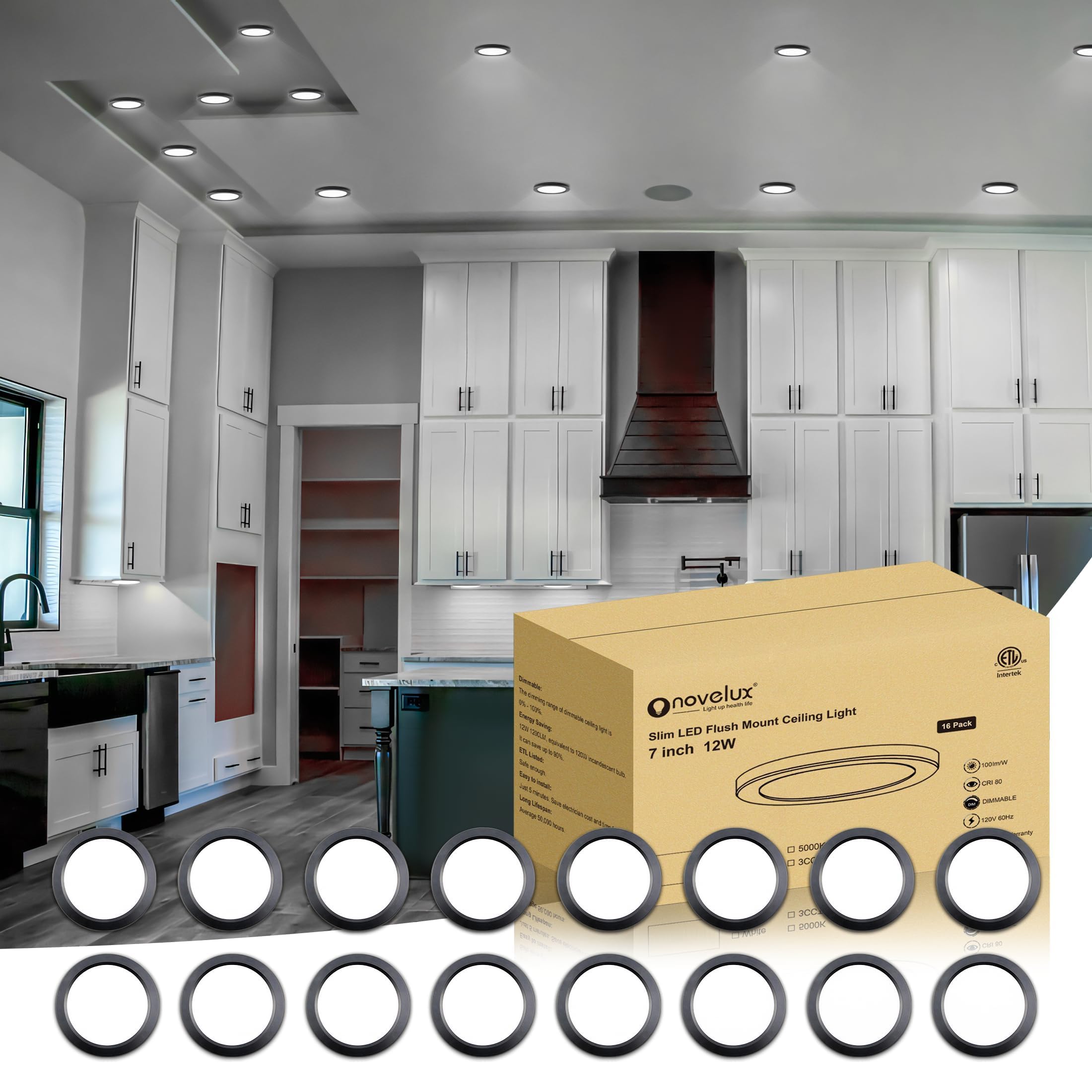 Novelux 7&quot; Led Flush Mount Ceiling Light, Dimmable Daylight, Ultra Slim, 16 Pack - Black