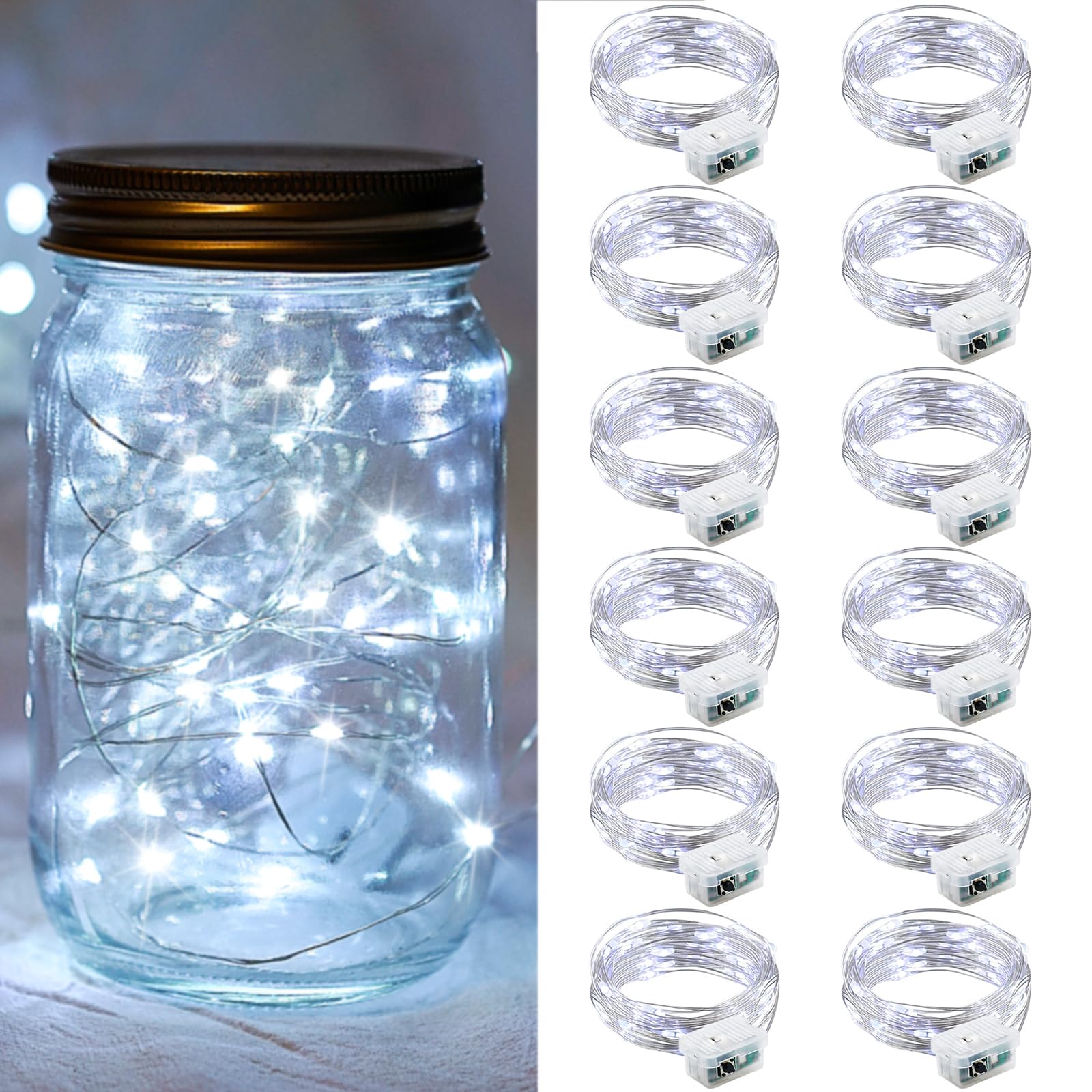 chzk 12 Pack White Fairy Lights 7Ft 20 LED Twinkle String Lights Battery Operated Lights Waterproof Firefly Starry Lights Mason Jar Lights for Party Halloween Christmas Valentines Day