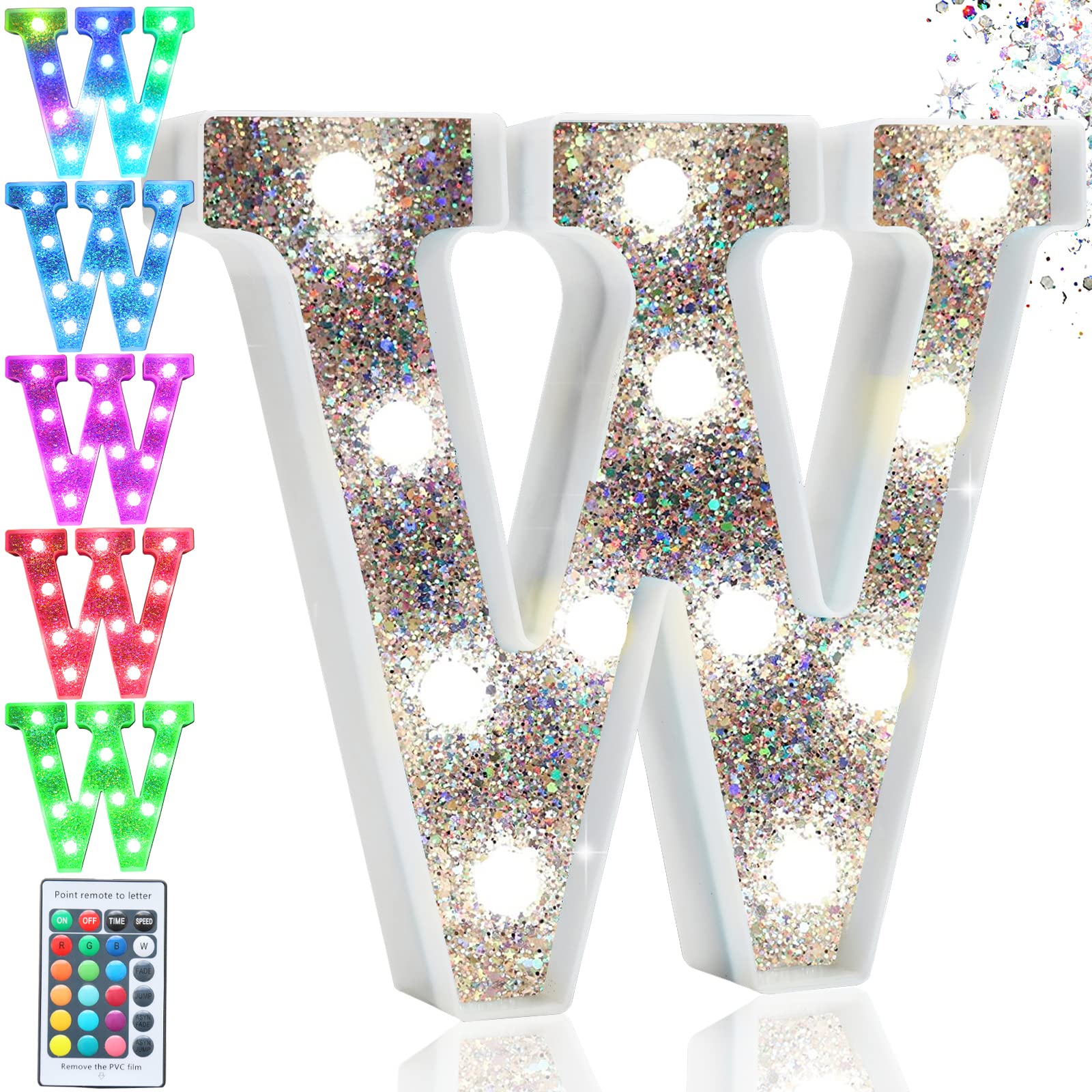 Pooqla LED Marquee Letter Light, Colorful 16 Colors, Battery Operated, Model S-RGB Silver, Perfect for Parties & Decorations, Letter W