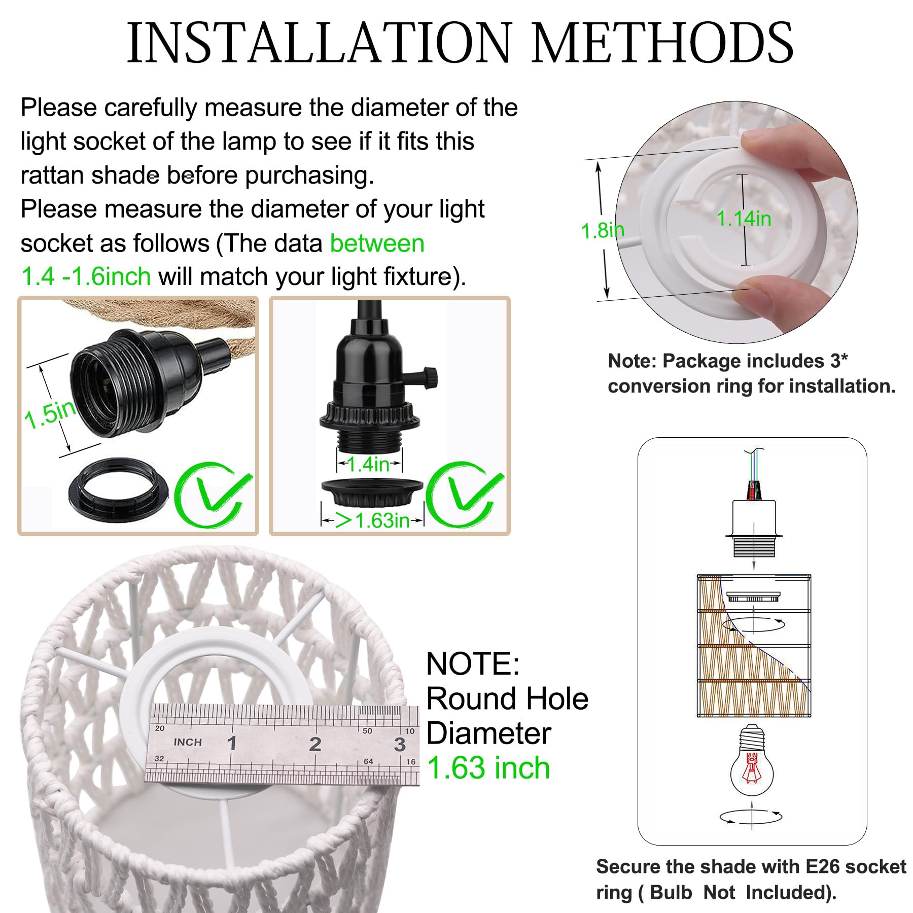 Giutna 3-Pack Boho Rattan Lamp Shades, 6.3''H X 4.9''D Woven Small Lamp Shade Replacement, 1.63In Fitter Farmhouse Pendant Light