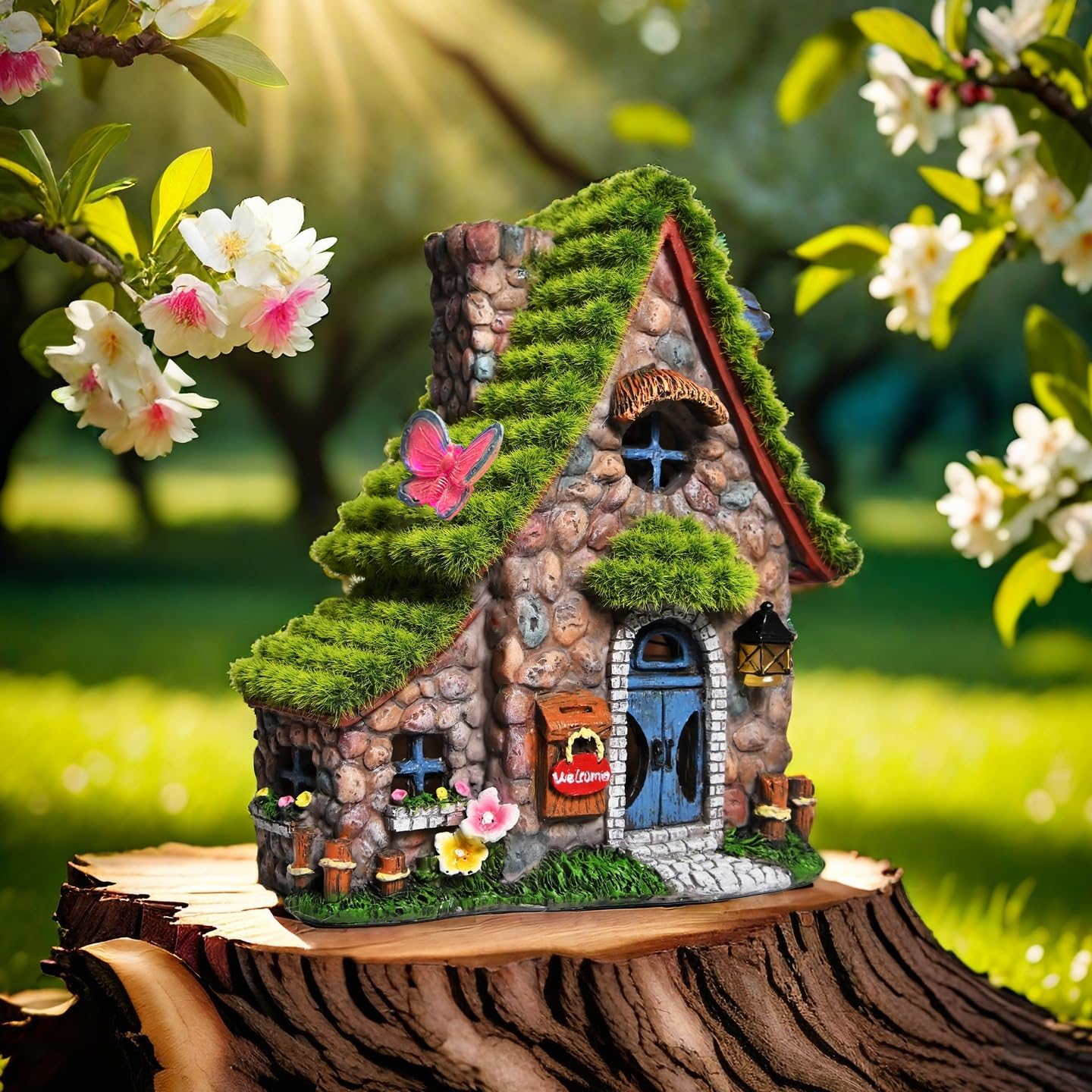 ASAWASA Fairy House Statue with Solar Lights, Resin Garden Sculpture, Double House Decor