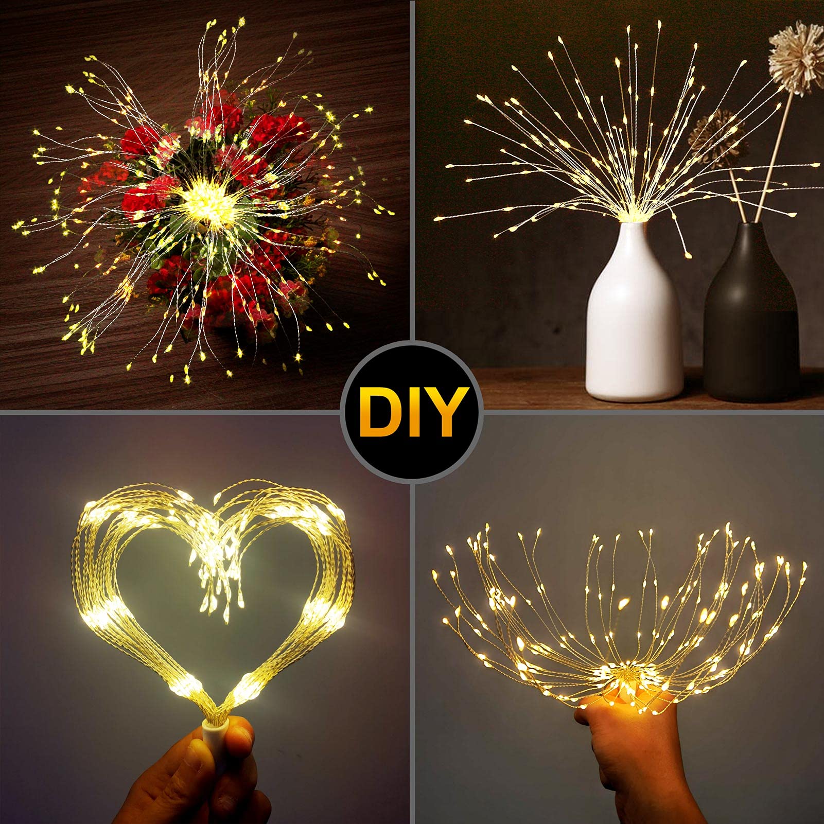DenicMic Firework Lights 200 LED Copper Wire Starburst Light, 8 Modes Battery Operated Fairy Star Sphere Lights with Remote, War
