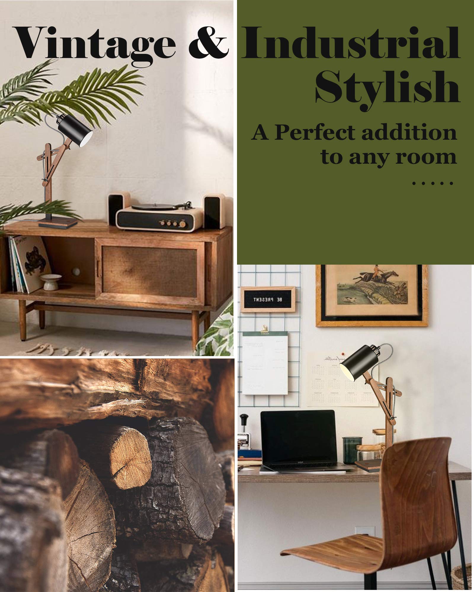 ELYONA Touch Control Desk Lamp - Adjustable Sapele Wood, Wireless Charging, USB Port, 19" Black & Brown, LED Bulb Included