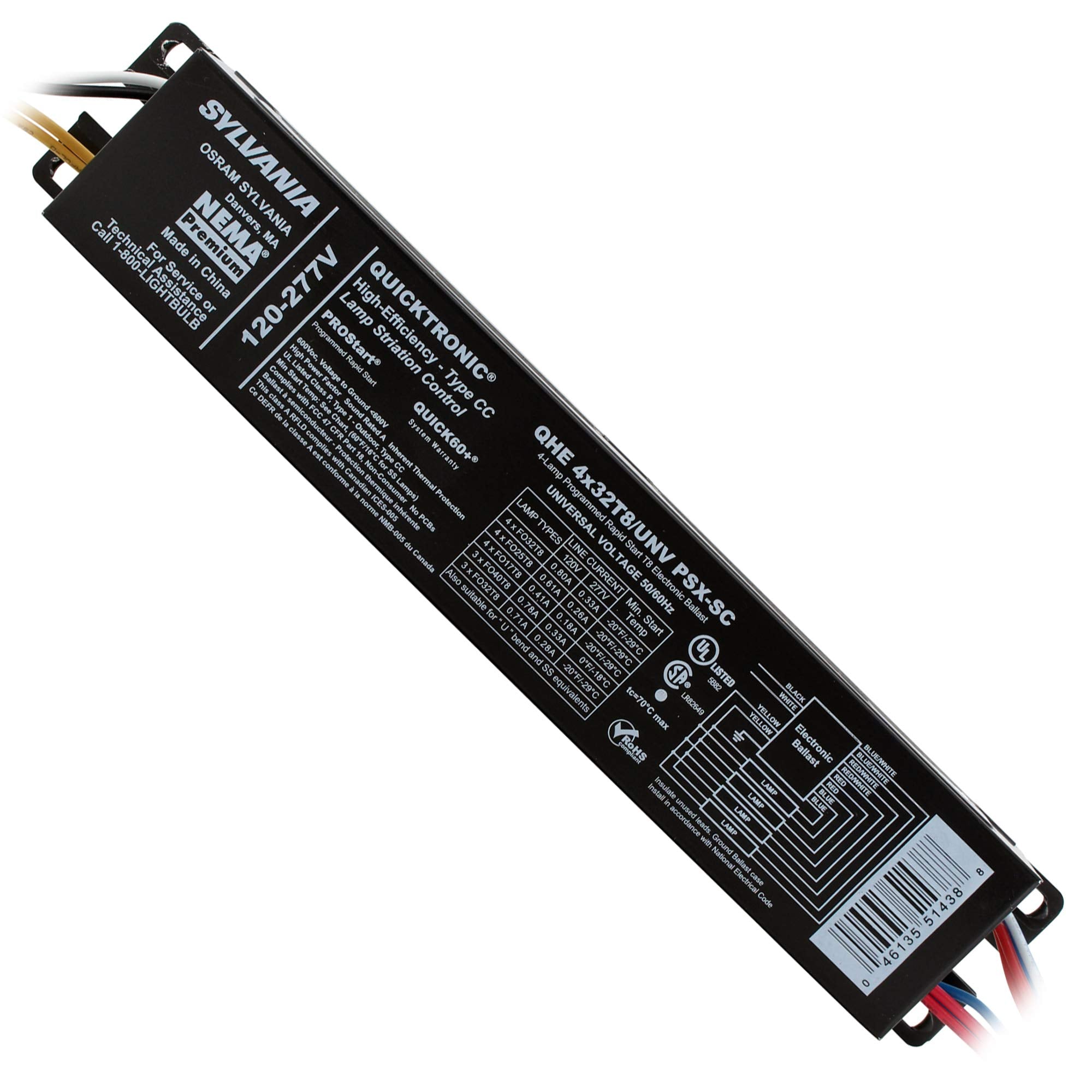SYLVANIA QHE4x32T8/UNV-PSX-SC Fluorescent Ballast, 4-Lamp, 32W, T8 F32T8, 120/277V