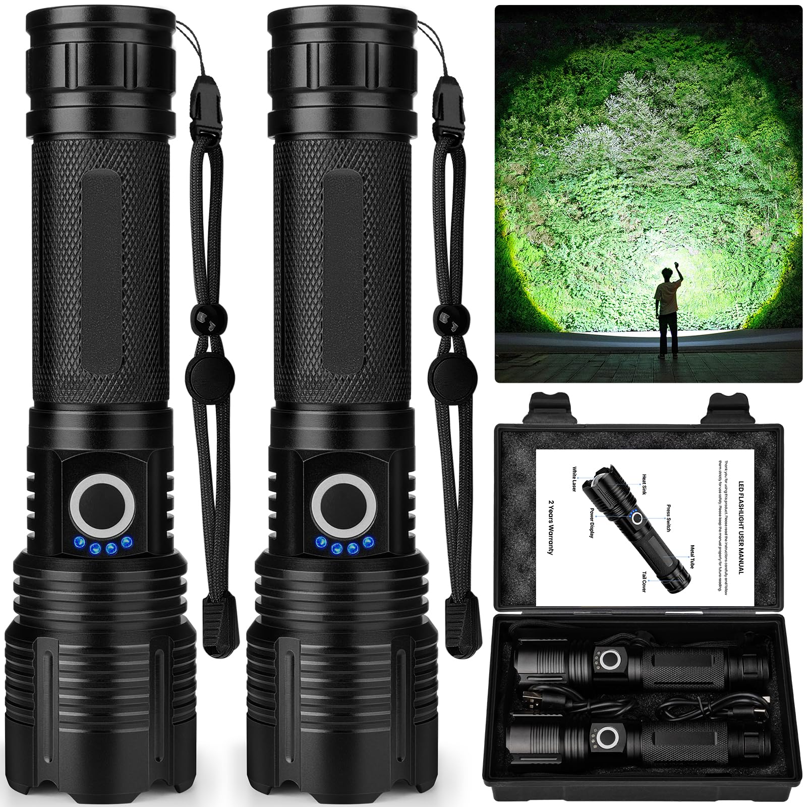 MILAOSHU 2 Pack Flashlight Rechargeable 99,000 High Lumen, Super Bright Rechargeable Flashlights for Home, 15H Long Life LED Fla
