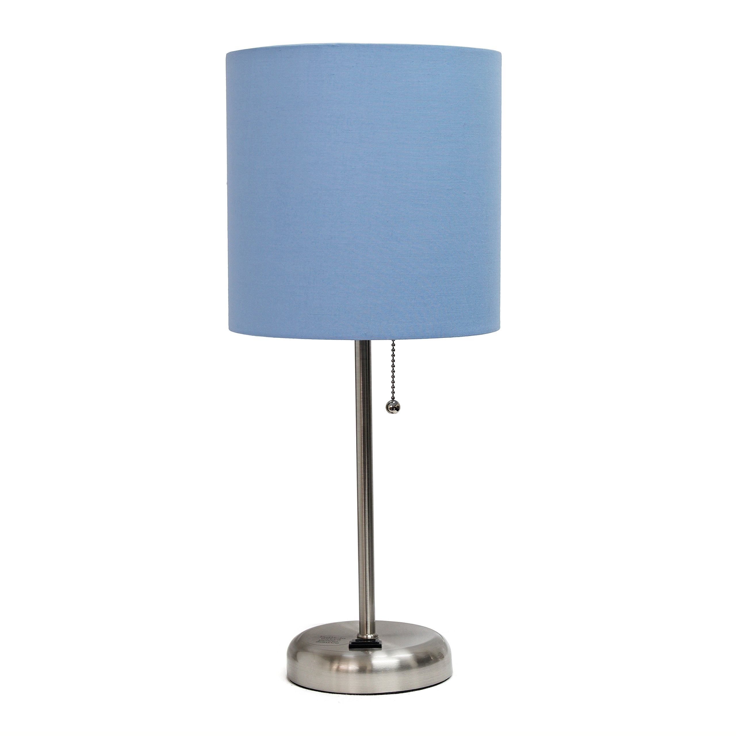 Simple Designs Lt2024-Blu Brushed Steel Stick Table Desk Lamp With Charging Outlet And Drum Fabric Shade, Blue Shade