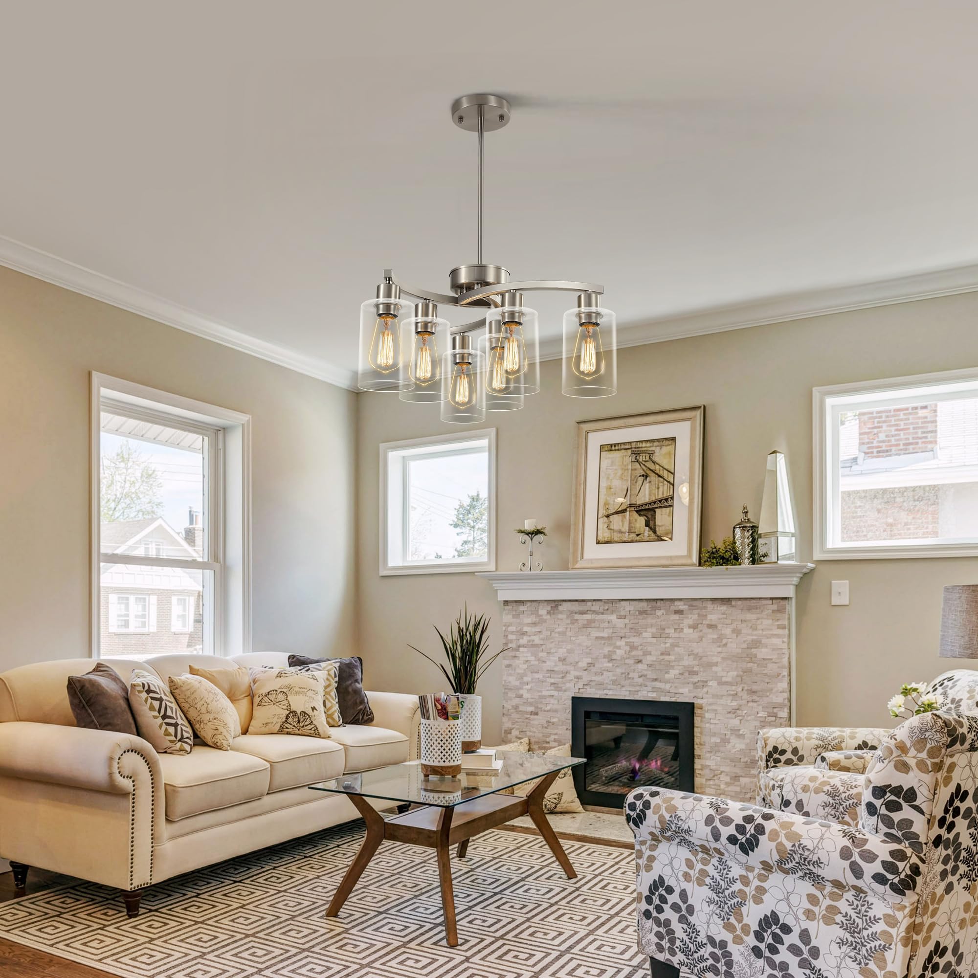 Cnratye 6-Light Brushed Nickel Chandeliers For Dining Room Light Fixtures Over Table, Adjustable Height Hanging Industrial Penda