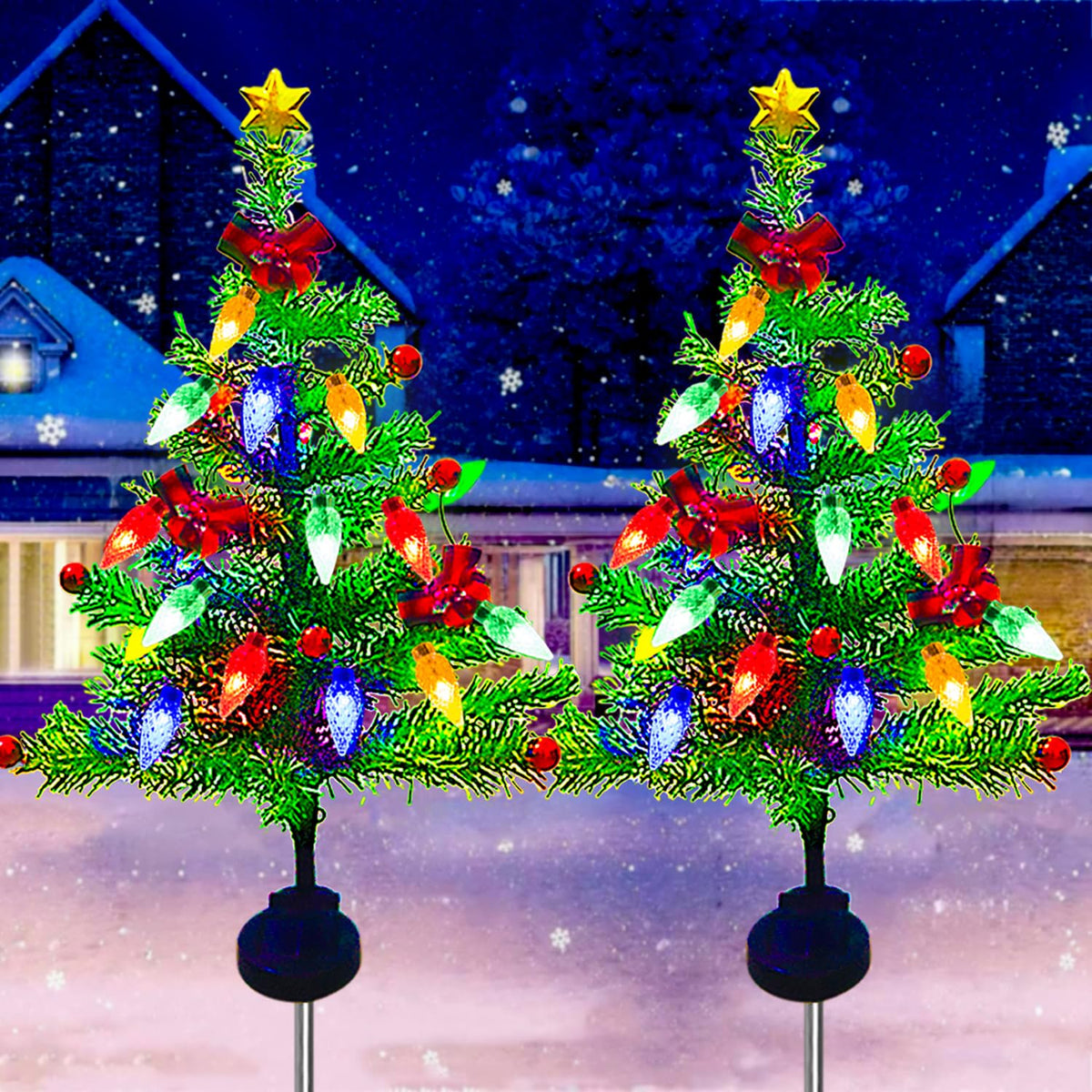Hugsvik 2-Pack Solar Prelit Christmas Tree Stake Lights, 8 Modes Solar Christmas Pathway Lights, Waterproof Xmas Tree Outdoor Ch