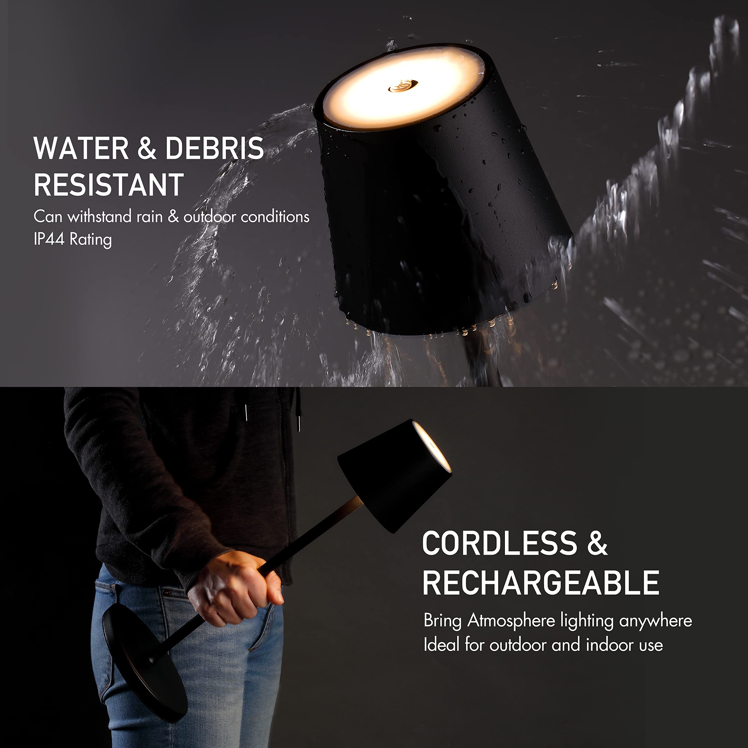 OBright Cordless LED Floor Lamp, Dimmable, Adjustable Height, Water Resistant, Black, Model OB-FL21B