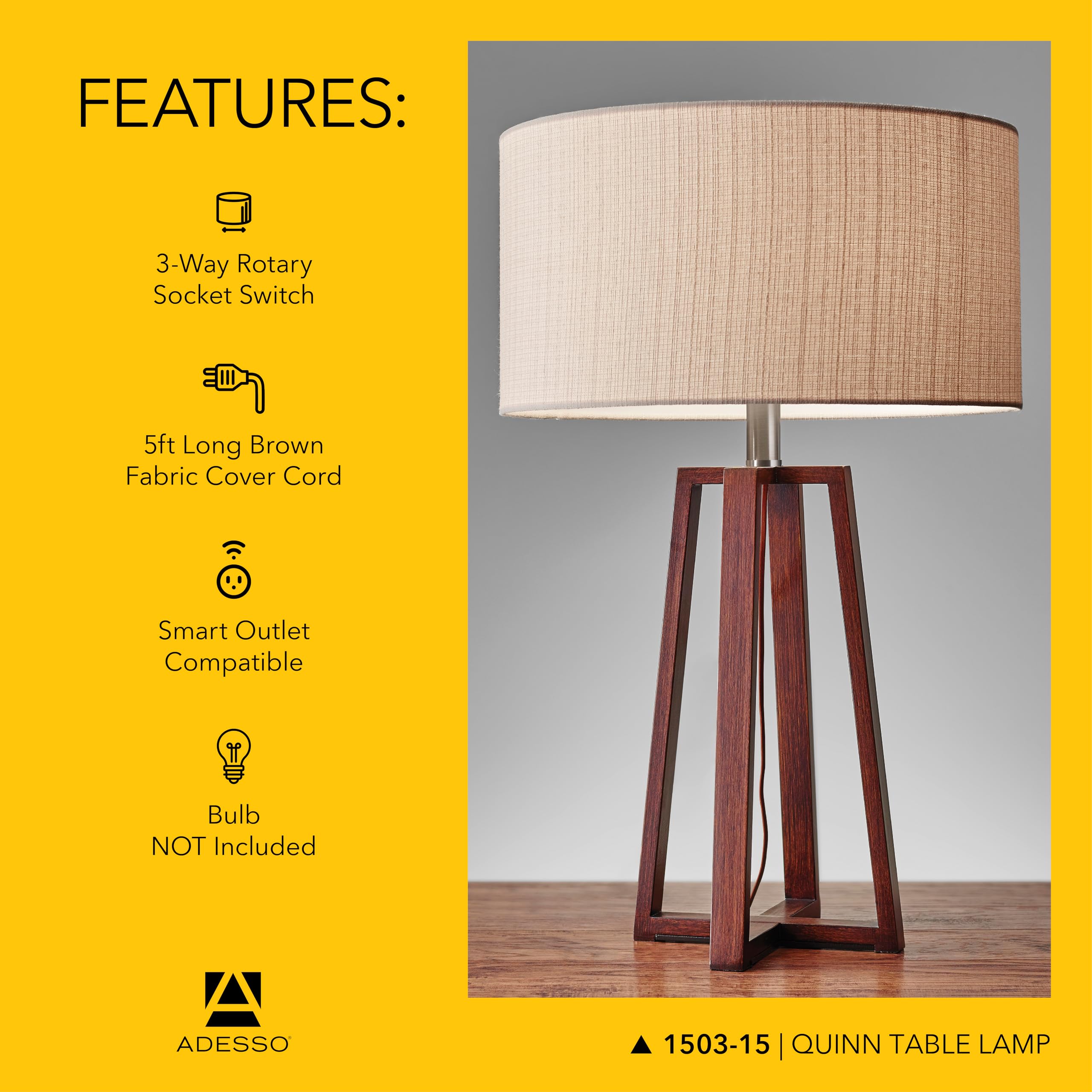Adesso Quinn Table Lamp - Walnut Birch Wood & Natural Linen Shade - Perfect Nightstand, End Table, And Desk Lamp