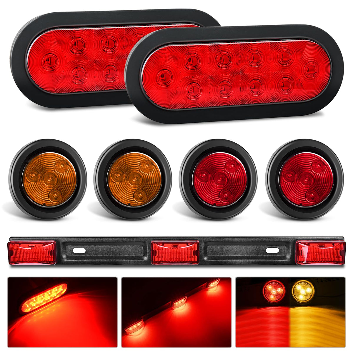 Nilight Led Trailer Light Kit 6 Inch Oval Stop Turn Taillight 2 Inches Round Red Amber Side Marker Lights 9 Led Id Bar For 12V R