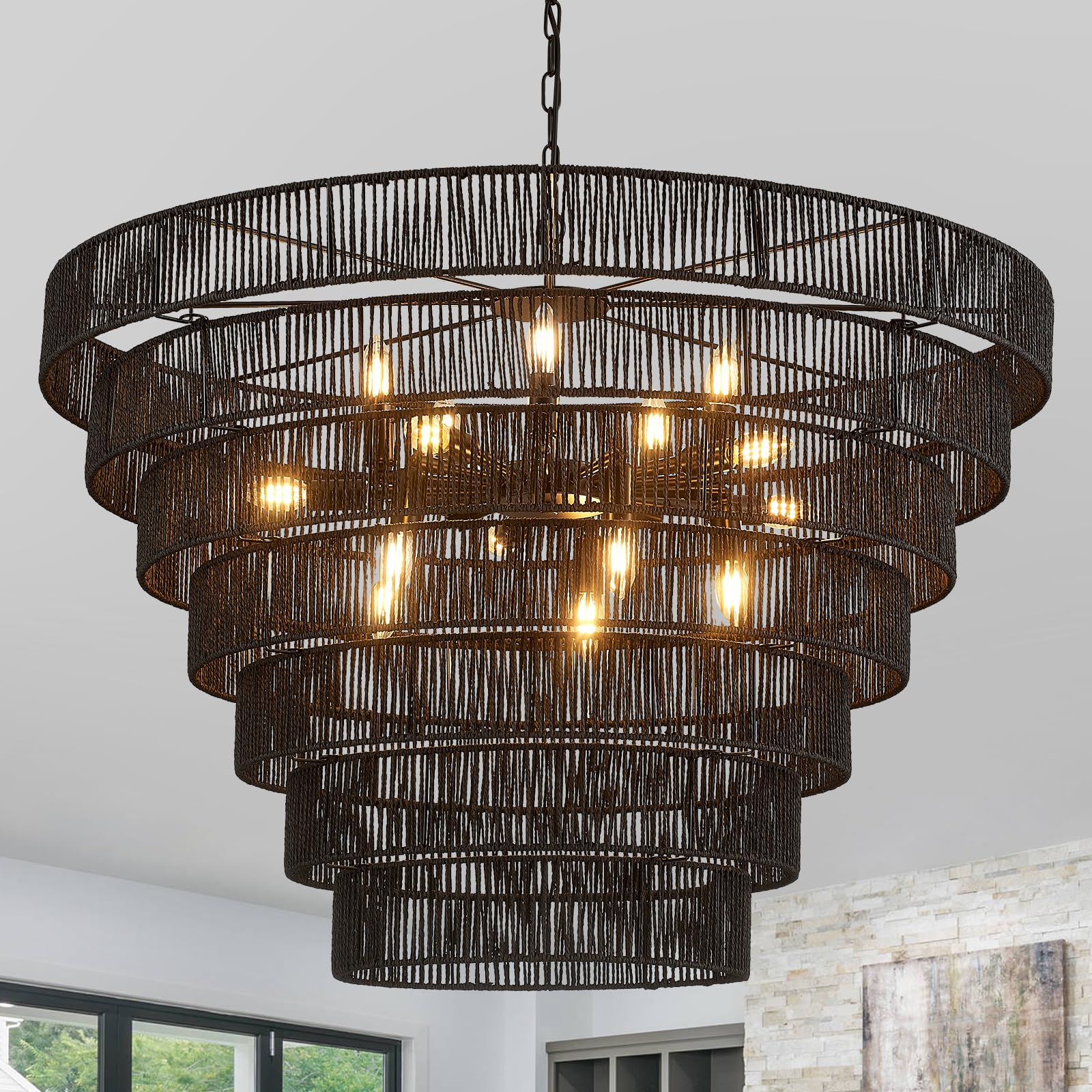 Yomecoo 39.4 Large Black Rattan Chandelier Vintage Farmhouse 15-Lights Boho Hand-Woven Bamboo Chandeliers Light Fixture Rustic D