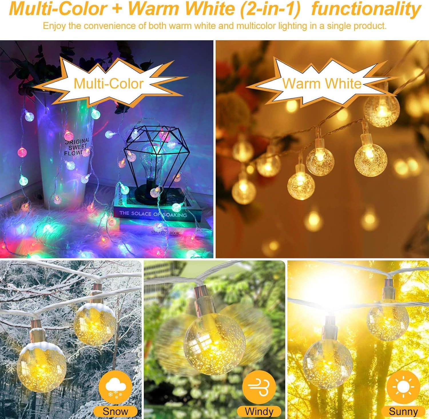 Rxment 100Ft Multicolor & Warm White Crystal Globe String Lights - Led Fairy Lights For Indoor/Outdoor
