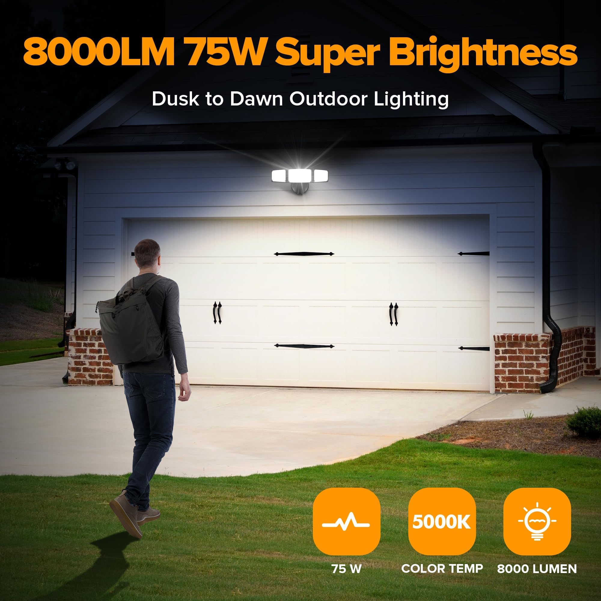 Lutec 75W 8000Lm Dusk To Dawn Outdoor Lighting, Led Flood Light Outdoor With Photocell, 5000K Daylight, Ip65 Waterproof, Led Sec