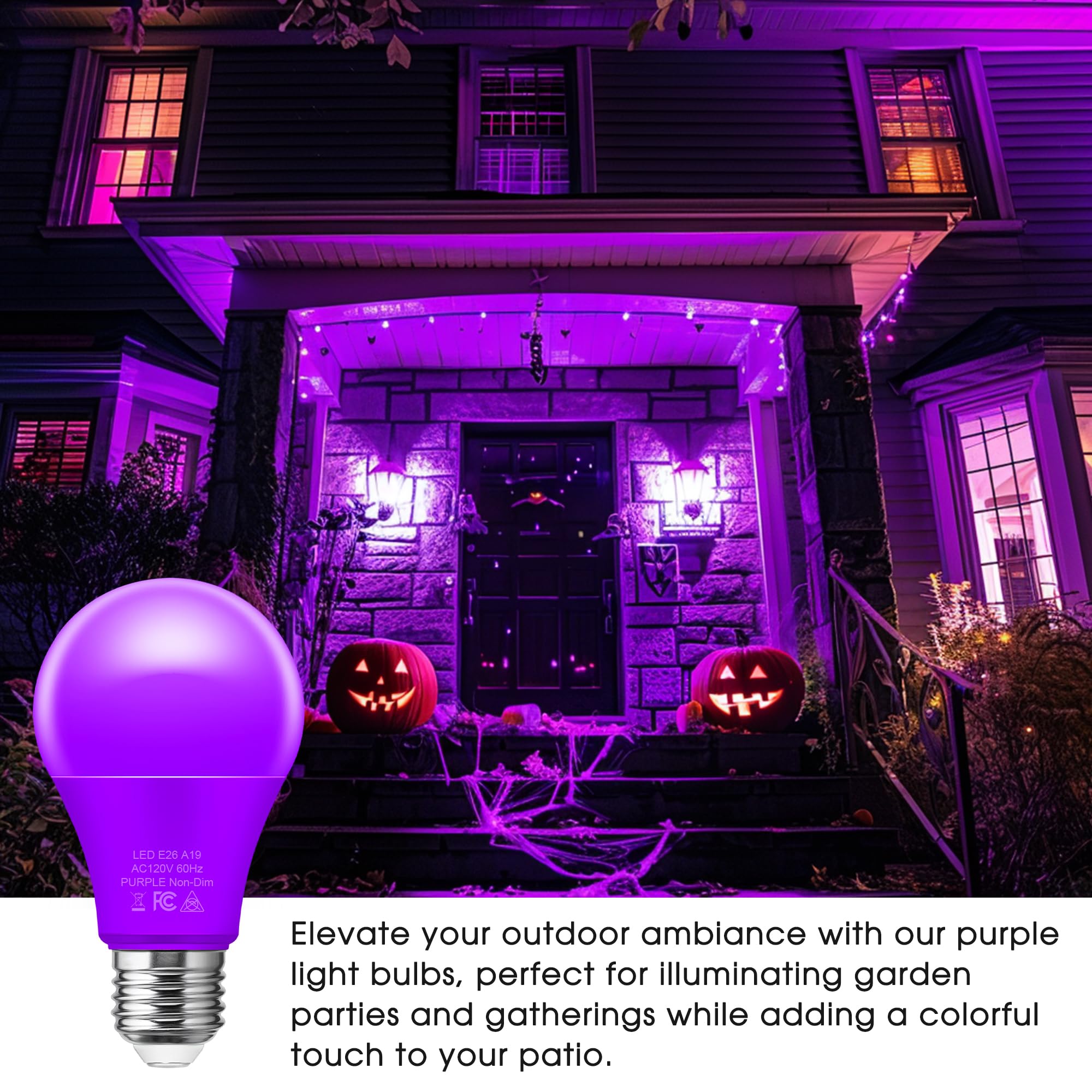 Briignite Purple Light Bulbs [2 Pack], A19 Led Purple Bulb Outdoor, Halloween Light Bulbs, 9W (60 Watt Equivalent) - E26 Porch L